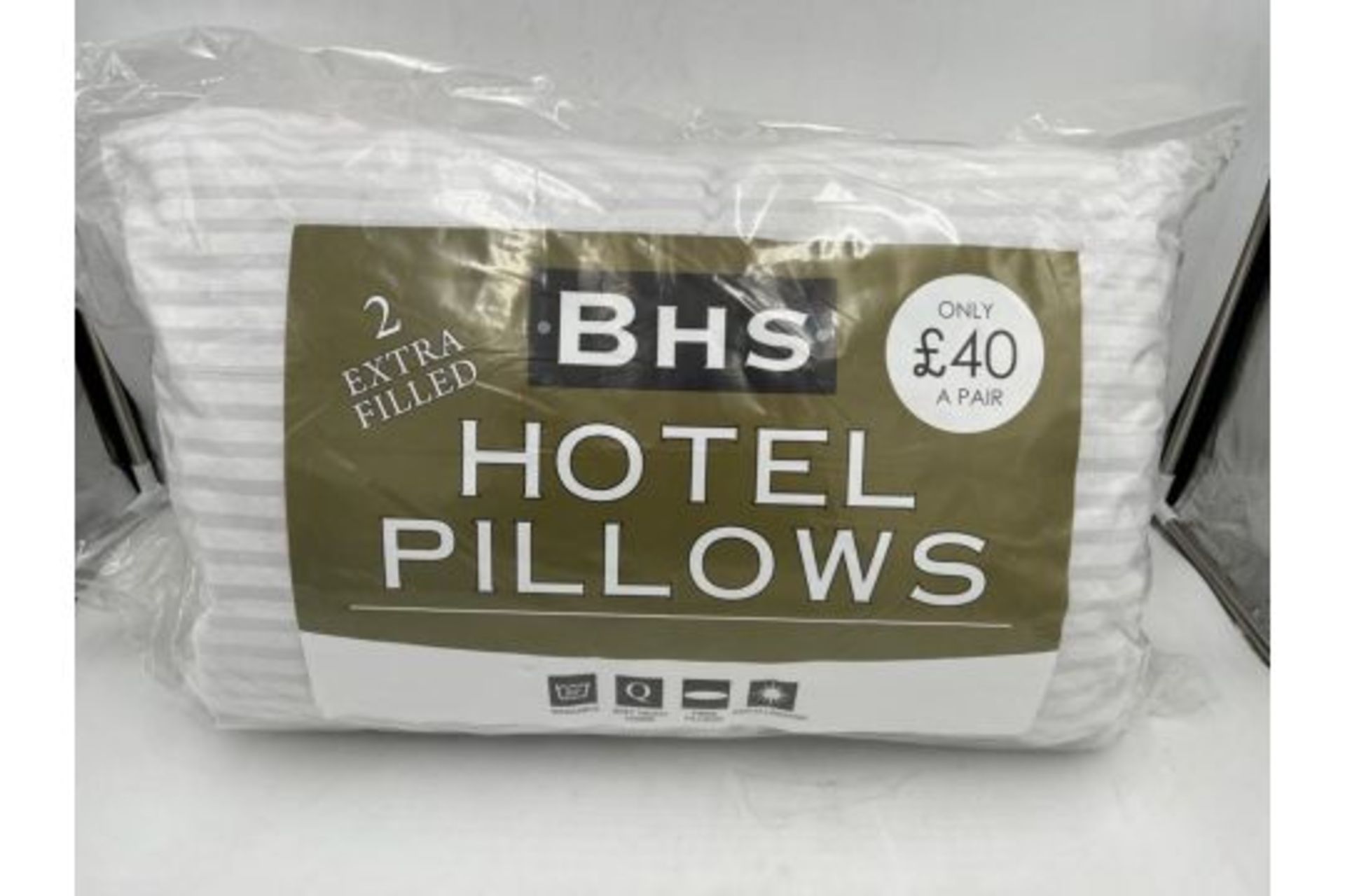 RRP £40 - TWO NEW EXTRA FILLED HOTEL PILLOWS, FIRBRE FILLINGS, WASHABLE, SOFT TOUCH COVER & NON