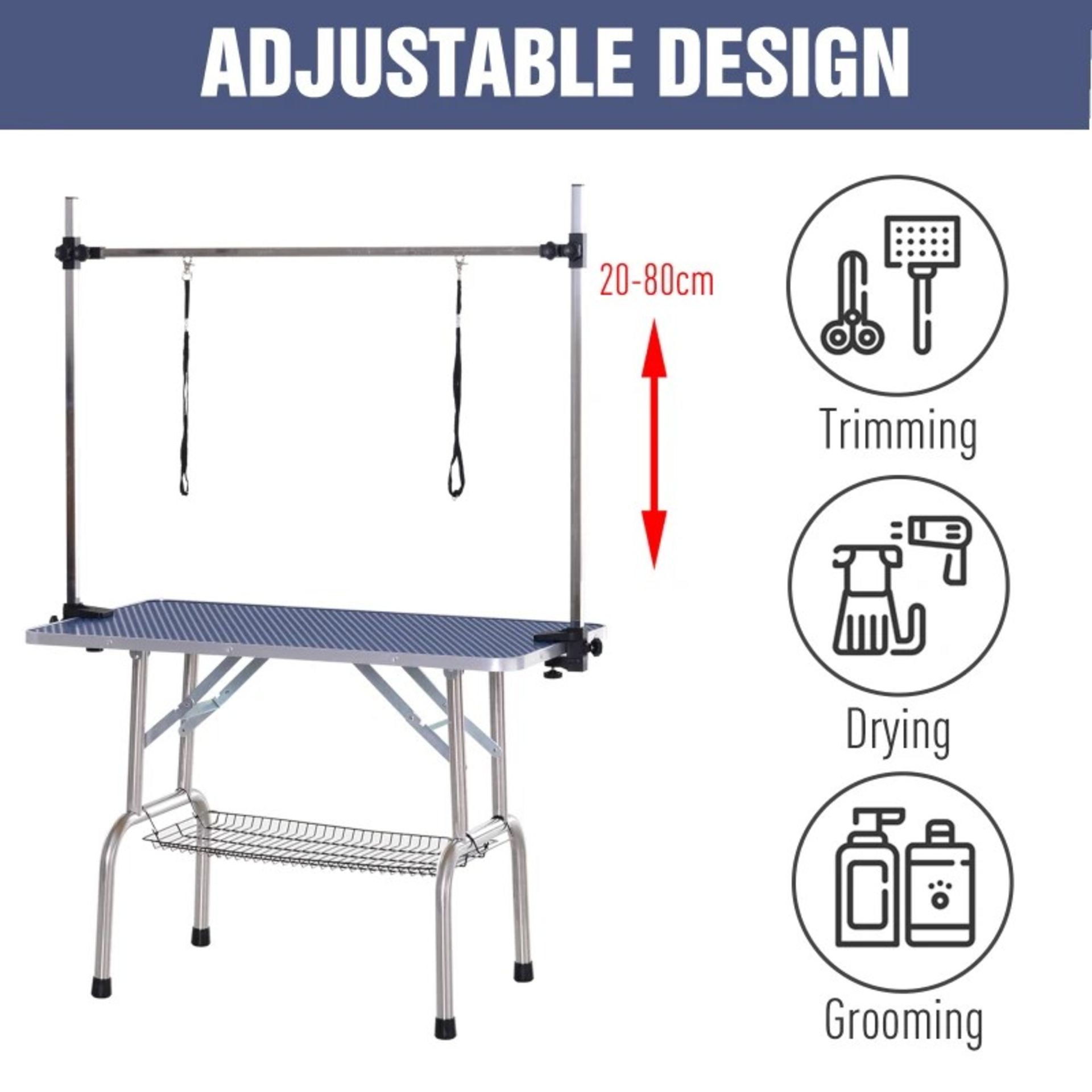 RRP £137.99 - PawHut Dogs Adjustable Height Rubber Top Dog Grooming Table Blue - BOTTOM MESH TRAY: - Image 3 of 4