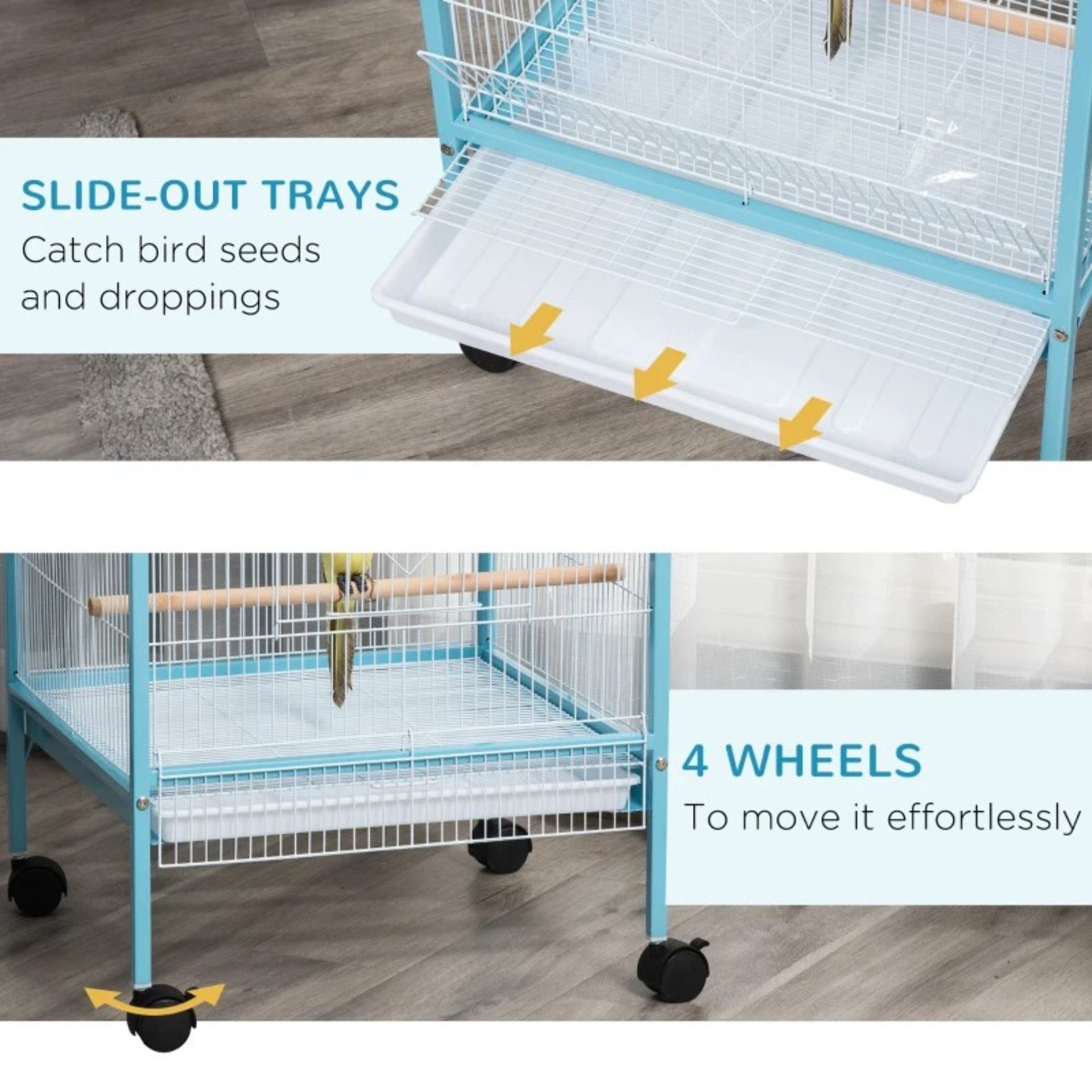 RRP £98.99 - PawHut 2 In 1 Large Bird Cage Aviary for Finch Canaries, Budgies with Wheels, Slide-out - Image 3 of 4