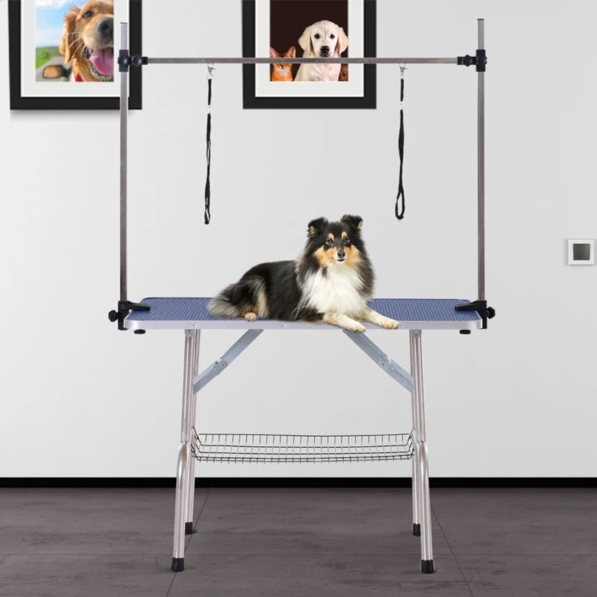 RRP £137.99 - PawHut Dogs Adjustable Height Rubber Top Dog Grooming Table Blue - BOTTOM MESH TRAY: