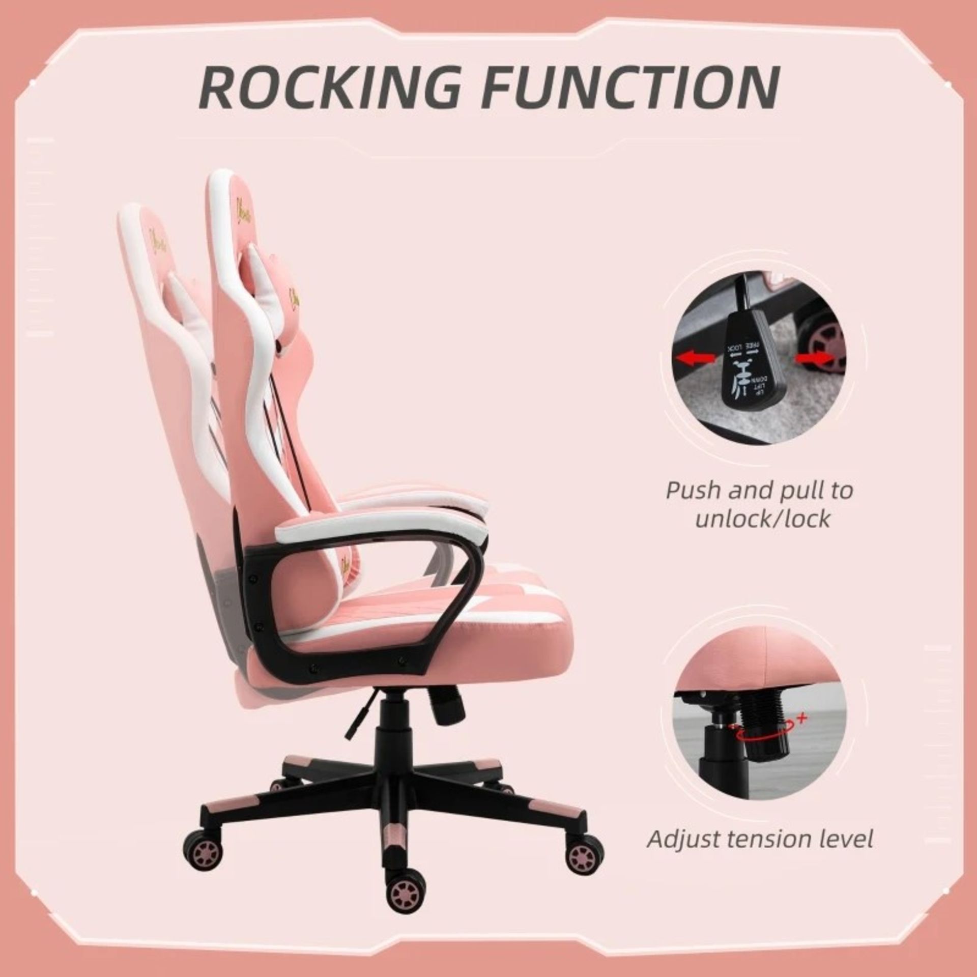 RRP £146.99 - Vinsetto Racing Gaming Chair w/ Lumbar Support, Headrest, Gamer Office Chair, Pink - Image 3 of 4