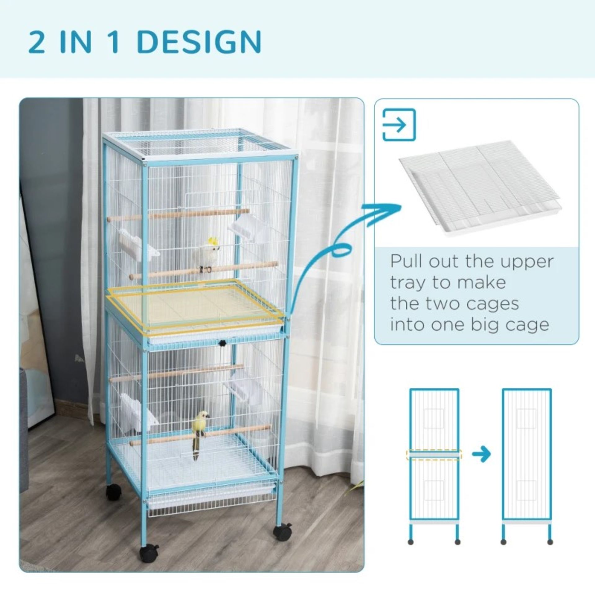 RRP £98.99 - PawHut 2 In 1 Large Bird Cage Aviary for Finch Canaries, Budgies with Wheels, Slide-out - Image 2 of 4