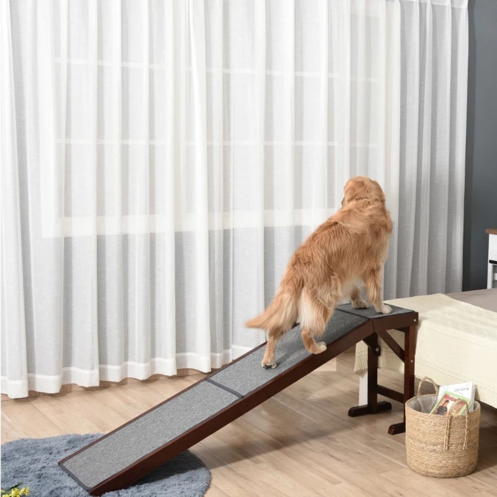 RRP £89.99 - PawHut Dog Ramp Foldable with Non-slip Carpet Top Platform Brown Grey - Image 3 of 4