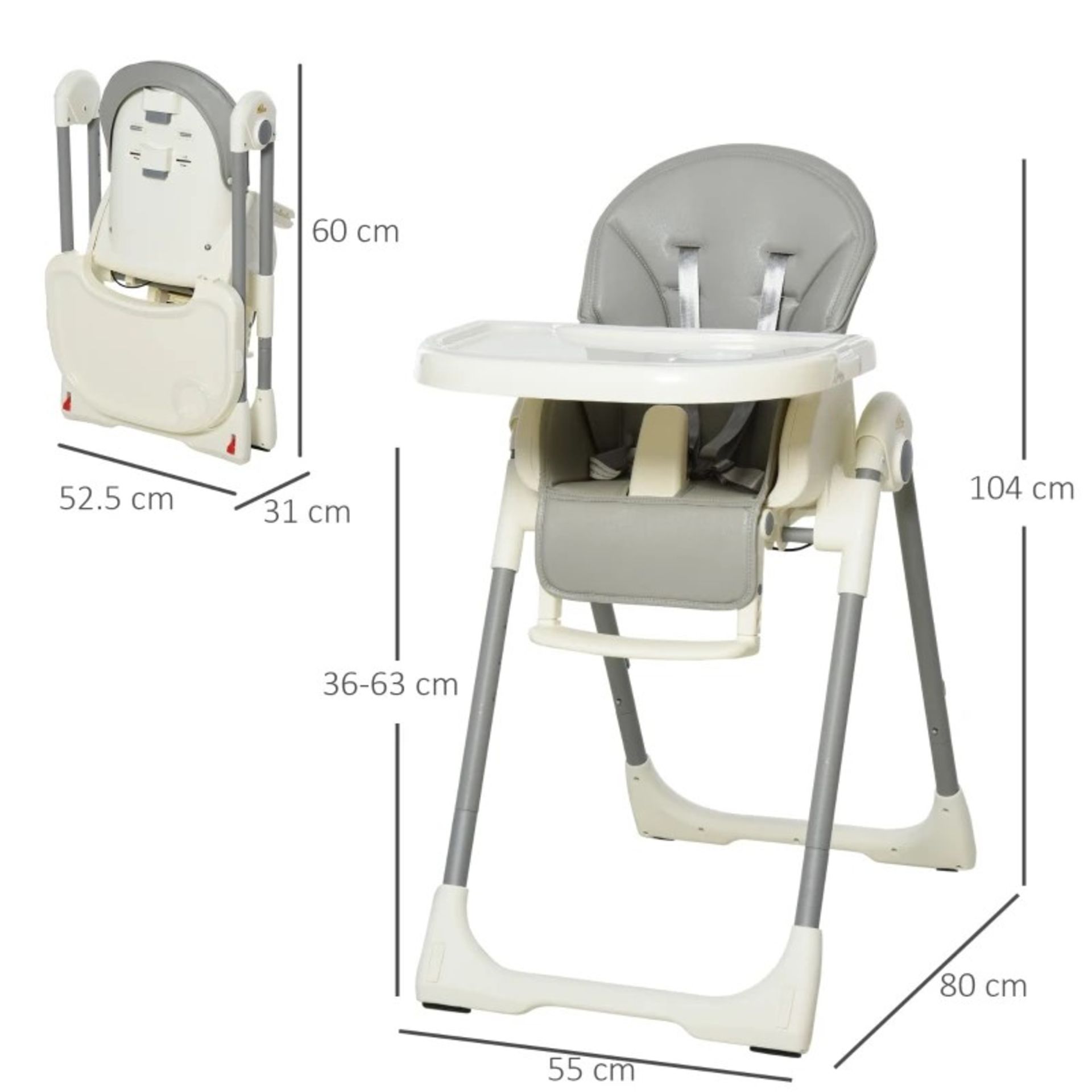 RRP £94.99 - HOMCOM Babies Foldable PU Highchair Grey - EASY TO CLEAN: The double-layer detachable - Image 2 of 4