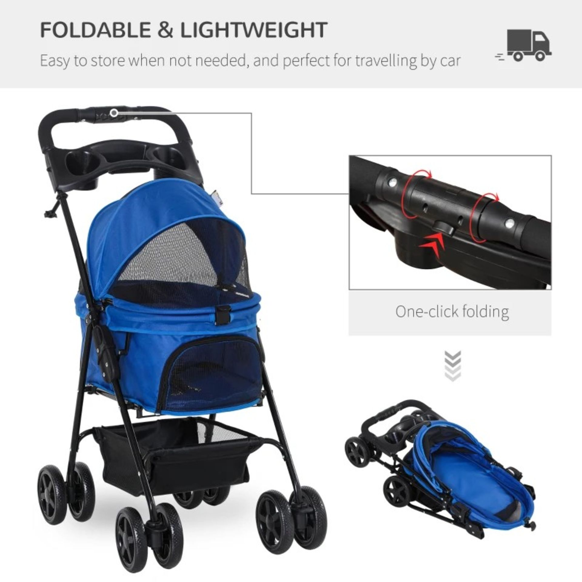 RRP £169.99 - PawHut Pet Stroller Pushchair No-Zip Foldable Travel Carriage with Brake Basket - Image 3 of 4