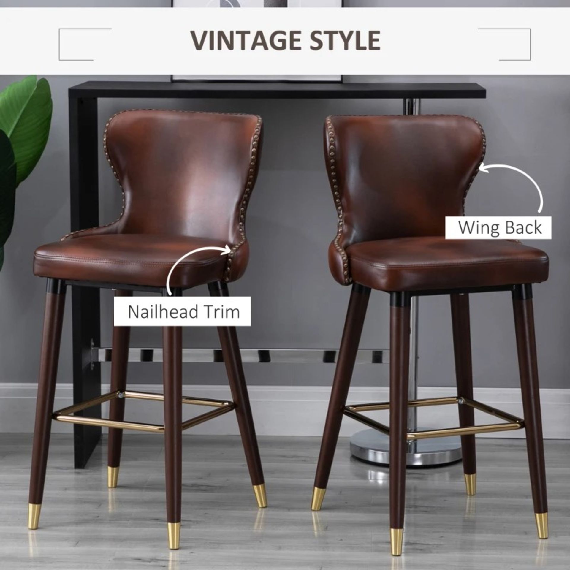 RRP £269.99 - HOMCOM Bar Stools Set of 2, PU Leather Vintage Counter-Height Bar Chair, Luxury - Image 3 of 4