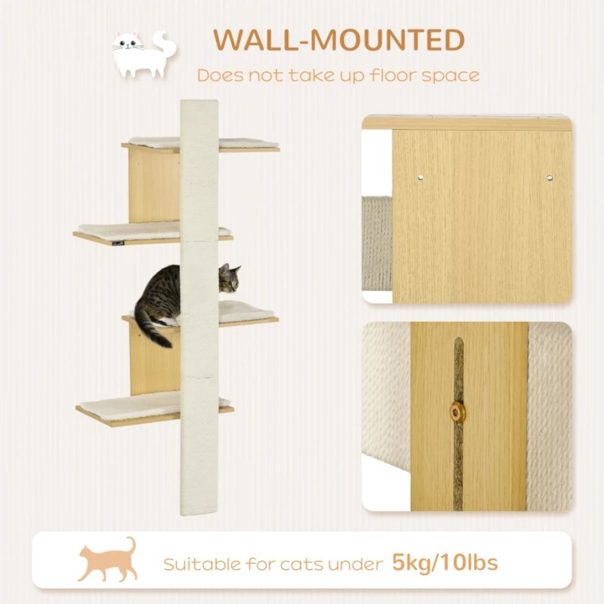 RRP £129.99 - PawHut Cat Tree for Indoor Cats, 4-Layer Wall-Mounted Shelf, Kitten Perch Climber - Image 3 of 4