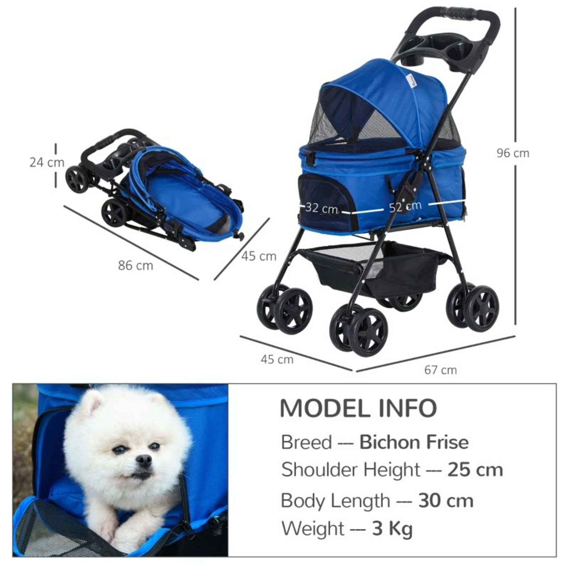 RRP £169.99 - PawHut Pet Stroller Pushchair No-Zip Foldable Travel Carriage with Brake Basket - Image 2 of 4