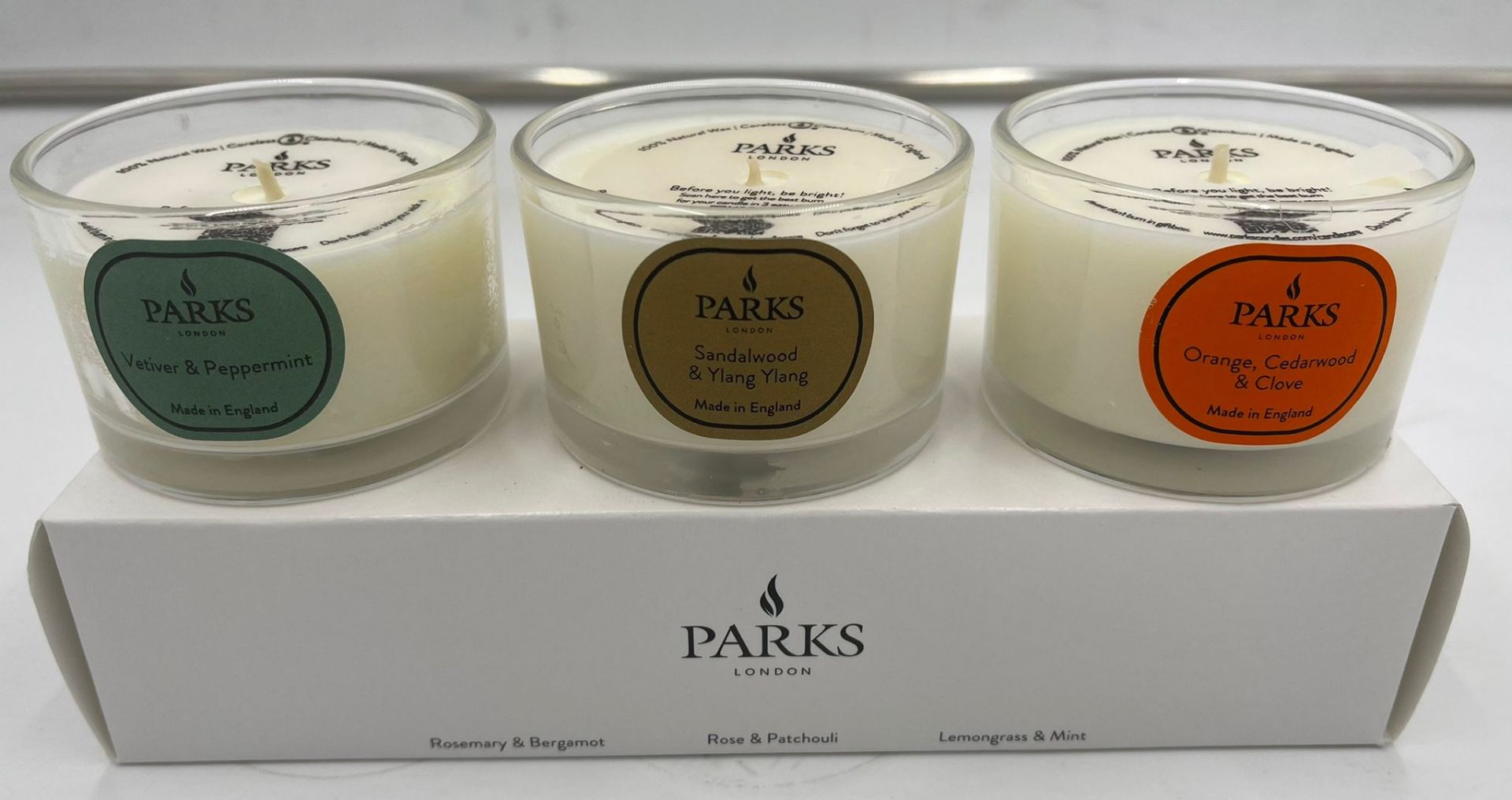 RRP £54 - New Set Of 3 Parks London Scented Candles - Vetiver & Peppermint, Sandalwood & Ylang