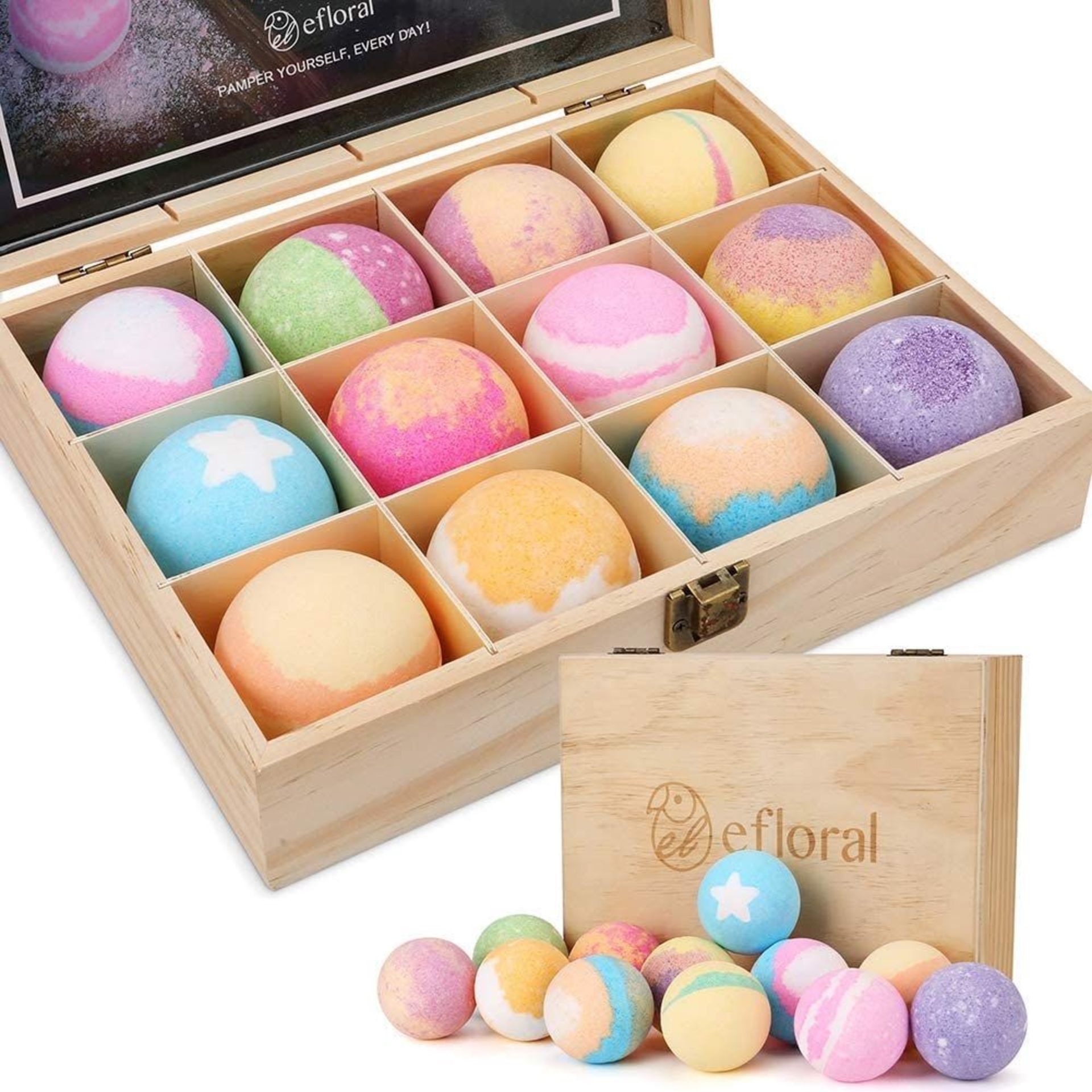 RRP £39.99 - NEW SET OF 12 BATH BOMBS INTO WOODEN GIFT BOX