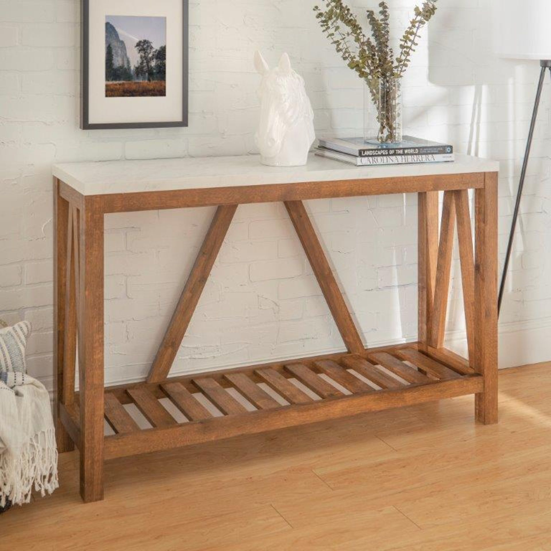RRP £338 - NEW 52" Walnut & Marble Effect Rustic Entryway Table - 82 x 133 x 36cm