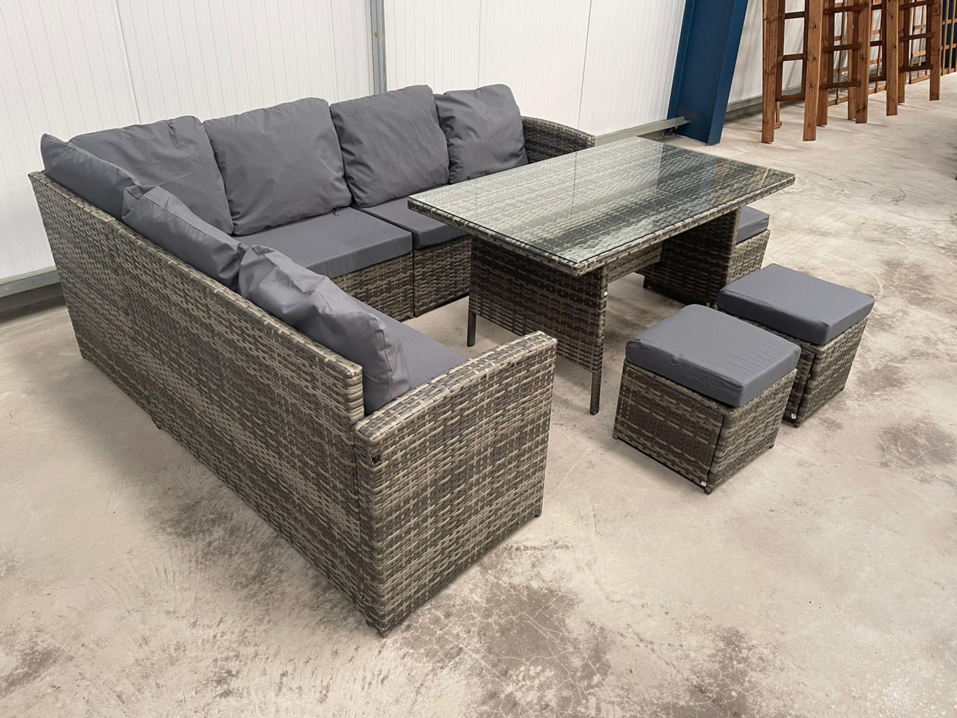 RRP £1299 - NEW GREY 9 SEATER CORNER SOFA DINING SET WITH THREE STOOL AND GLASSED TOP TABLE. TABLE - Image 2 of 4