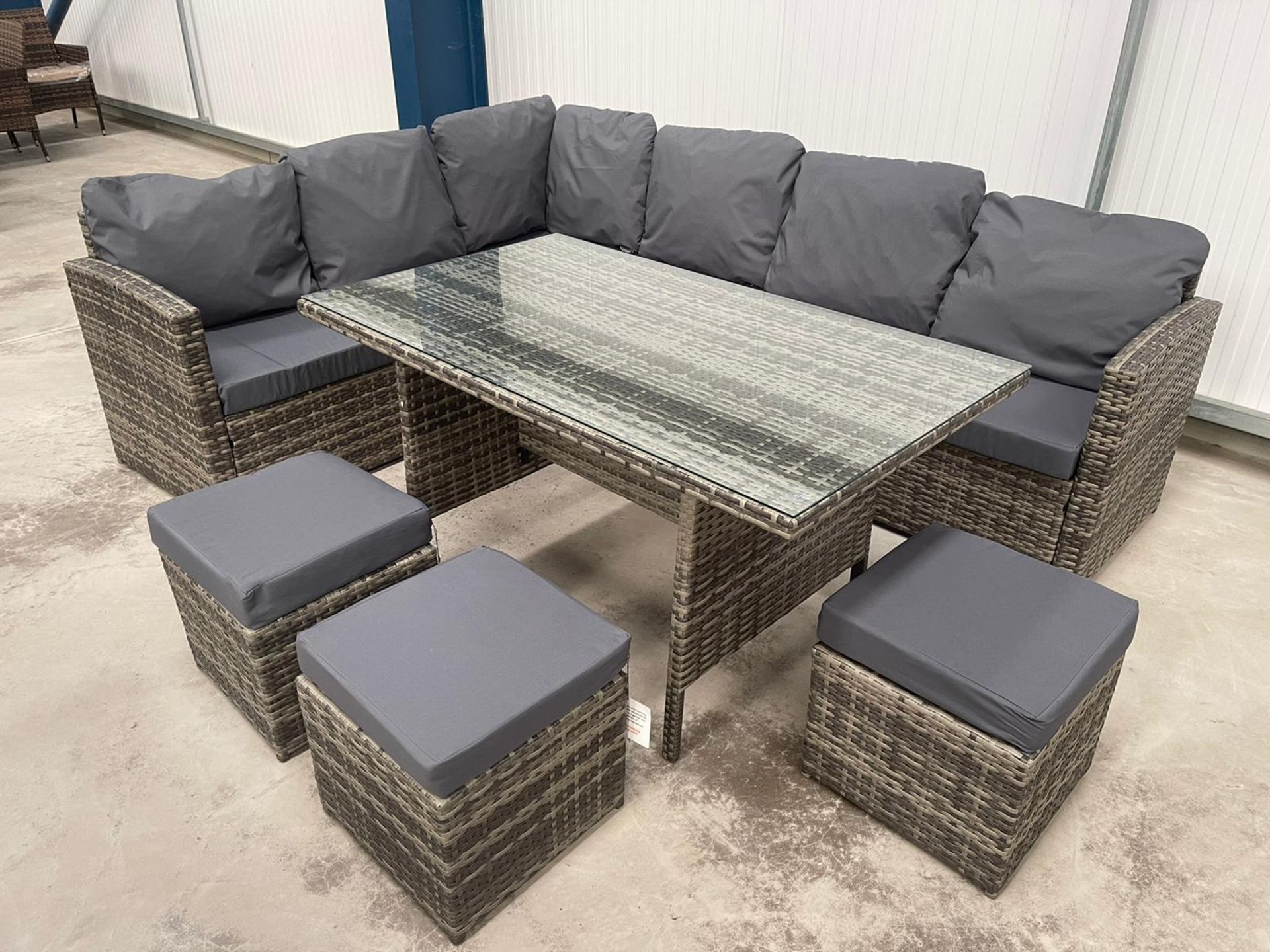 RRP £1299 - NEW GREY 9 SEATER CORNER SOFA DINING SET WITH THREE STOOL AND GLASSED TOP TABLE. TABLE