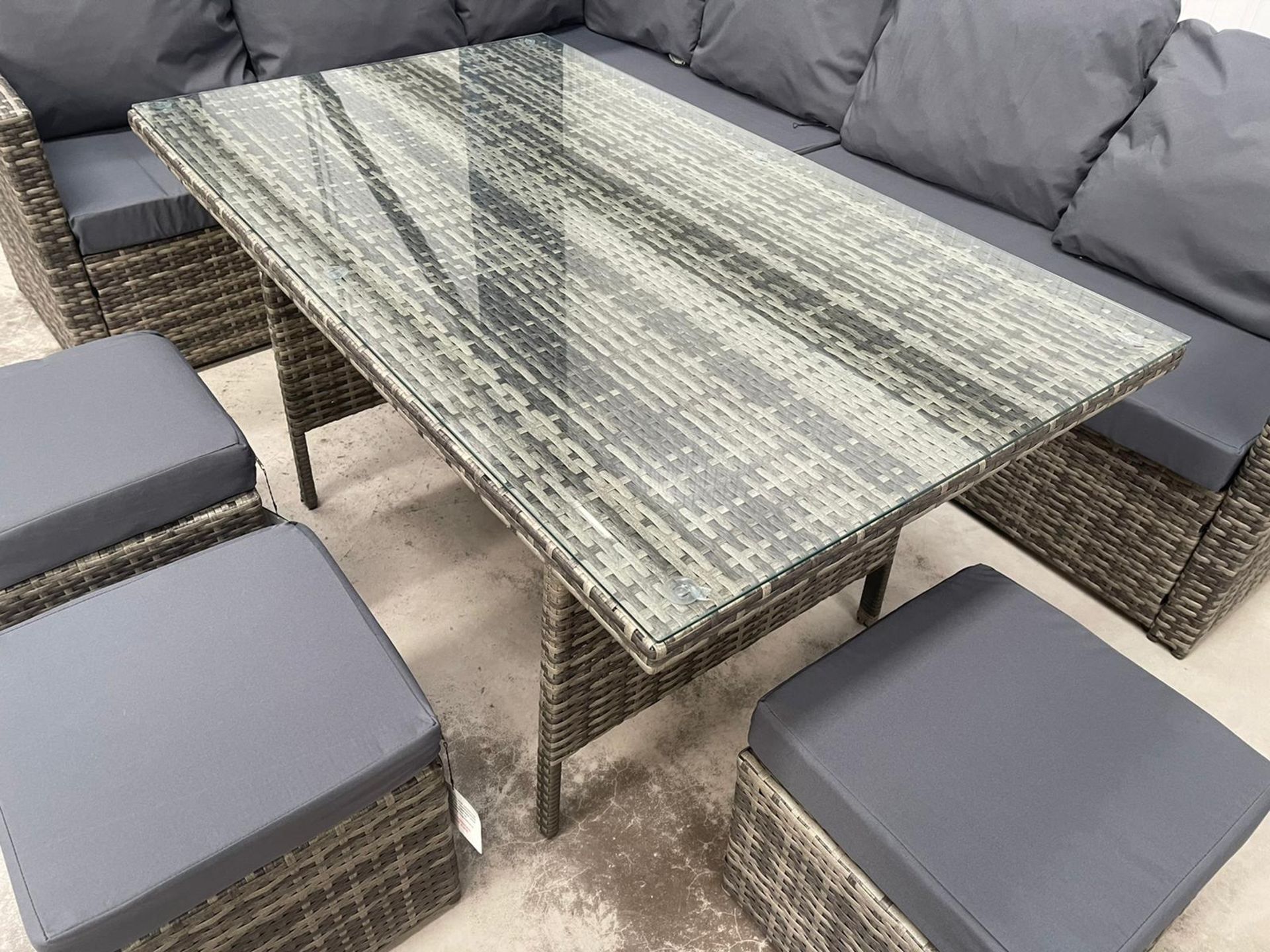 RRP £1299 - NEW GREY 9 SEATER CORNER SOFA DINING SET WITH THREE STOOL AND GLASSED TOP TABLE. TABLE - Image 3 of 4