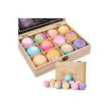 RRP £39.99 - NEW SET OF 12 BATH BOMBS INTO WOODEN GIFT BOX