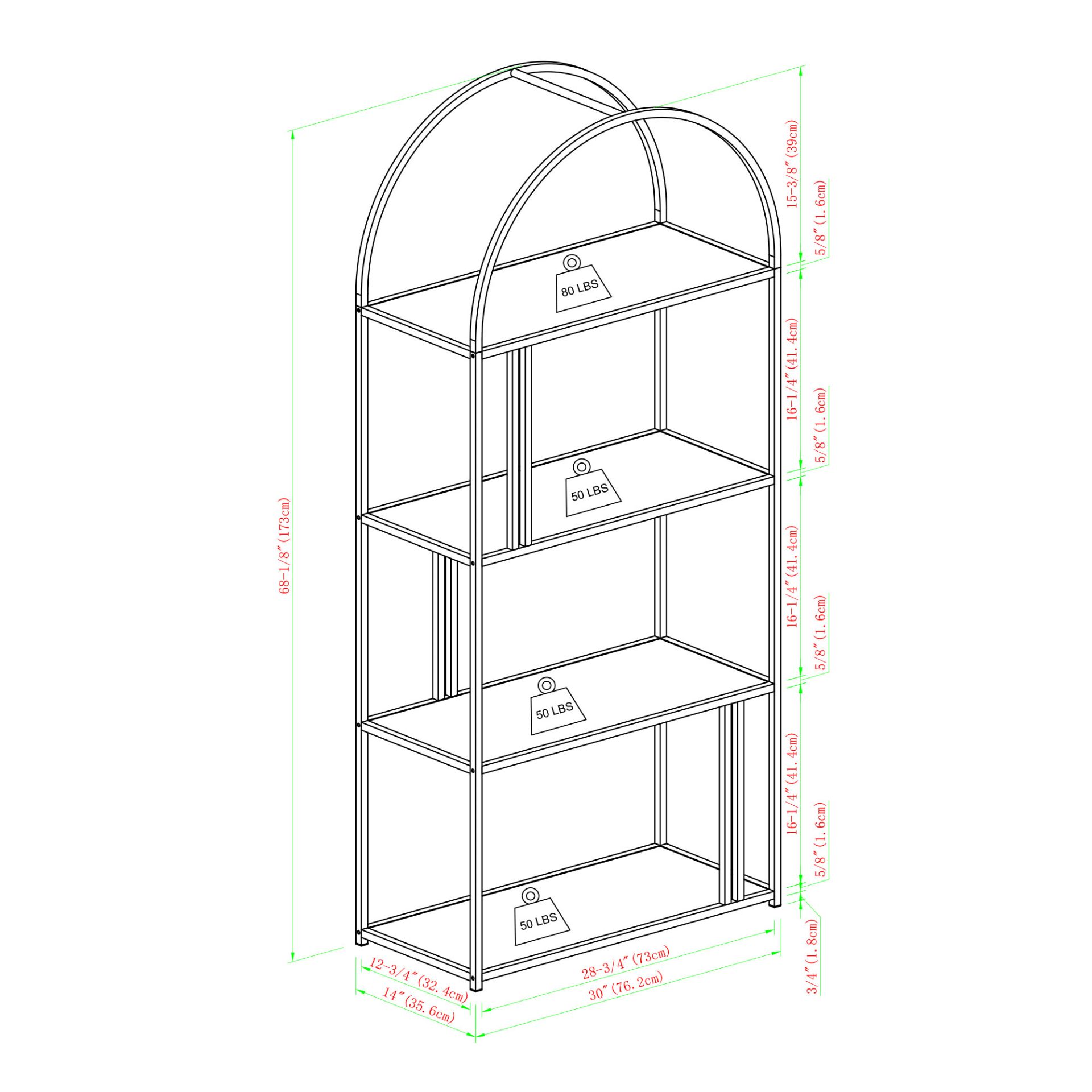 RRP £310 - NEW 68" Grey Wash Arched Frame 4 Shelf Bookcase - 173 x 77 x 36cm - Image 4 of 4