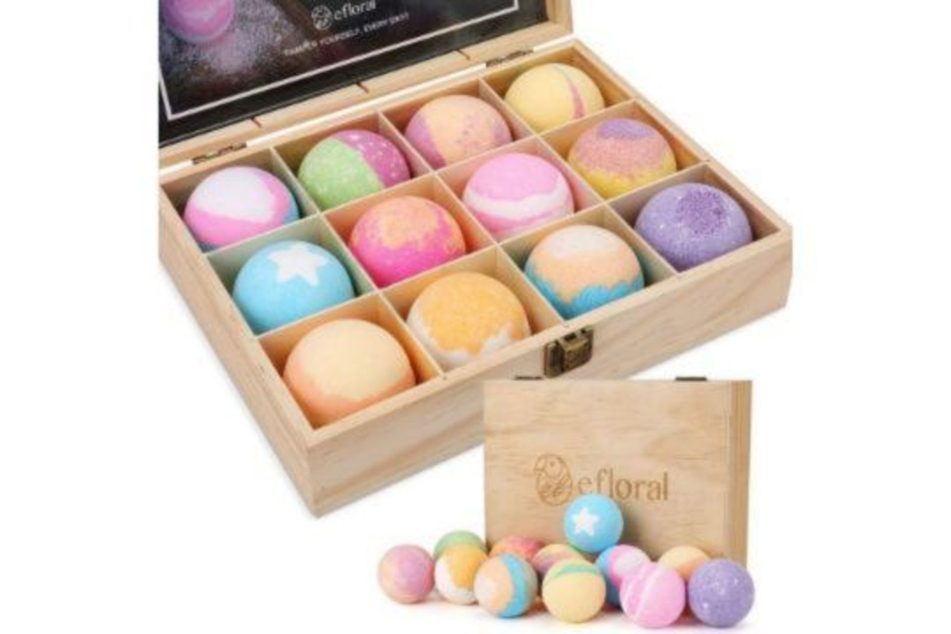 RRP £39.99 - NEW SET OF 12 BATH BOMBS INTO WOODEN GIFT BOX