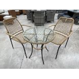 RRP £199 - NEW BROWN WOVEN RATTAN AND BLACK METAL BISTRO SET WITH GLASS TOPPED TABLE.