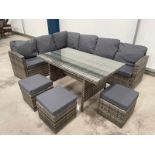 RRP Â£1299 - NEW GREY 9 SEATER CORNER SOFA DINING SET WITH THREE STOOL AND GLASSED TOP TABLE.
