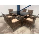 RRP Â£999 - NEW BROWN SIX SEAT DINING SET WITH SIX CHAIRS - LUXURY BLACK GLASS TOPPED DINING TABLE