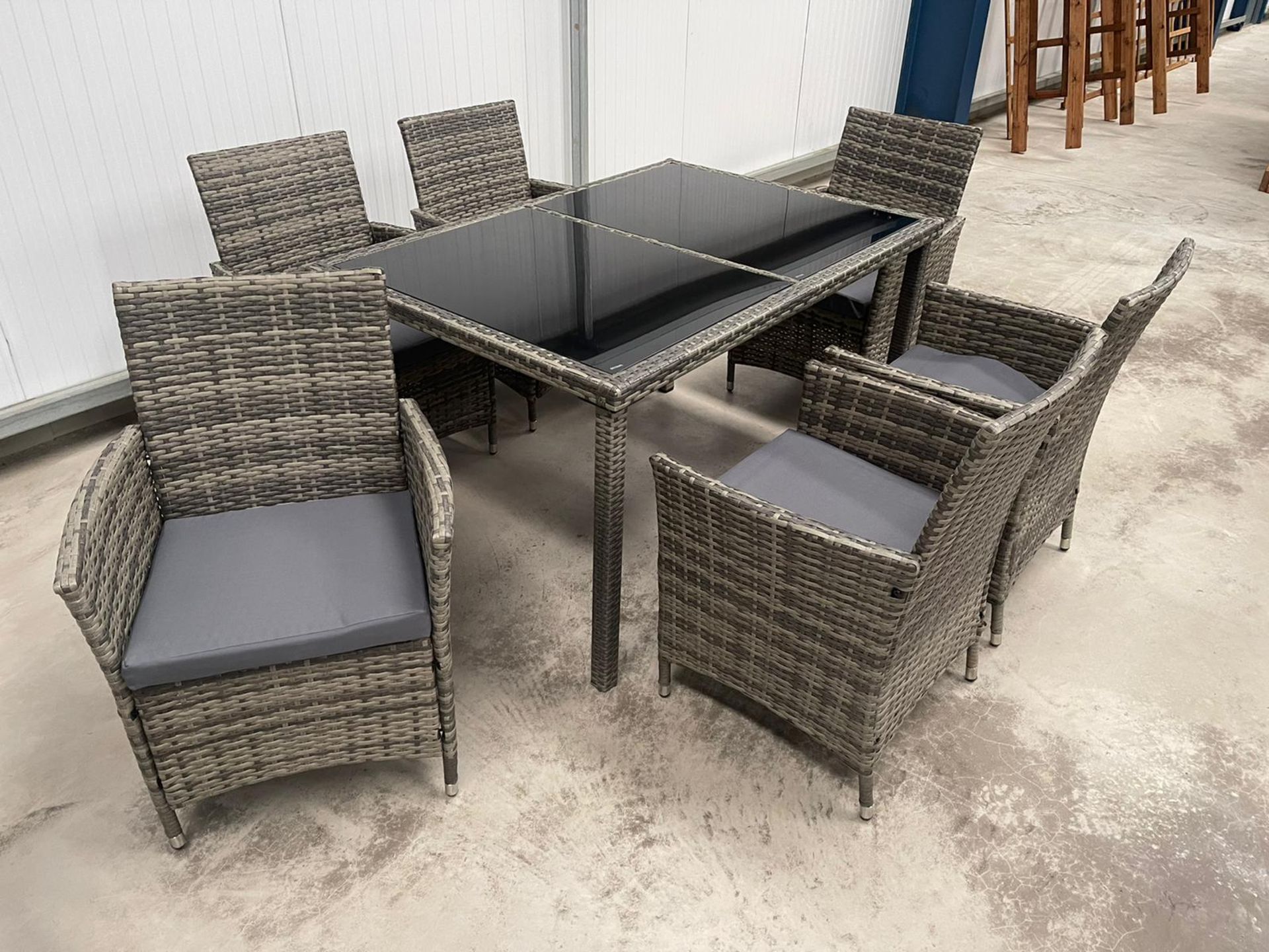 RRP Â£999 - NEW GREY SIX SEAT DINING SET WITH SIX CHAIRS - LUXURY BLACK GLASS TOPPED DINING TABLE - Image 3 of 5