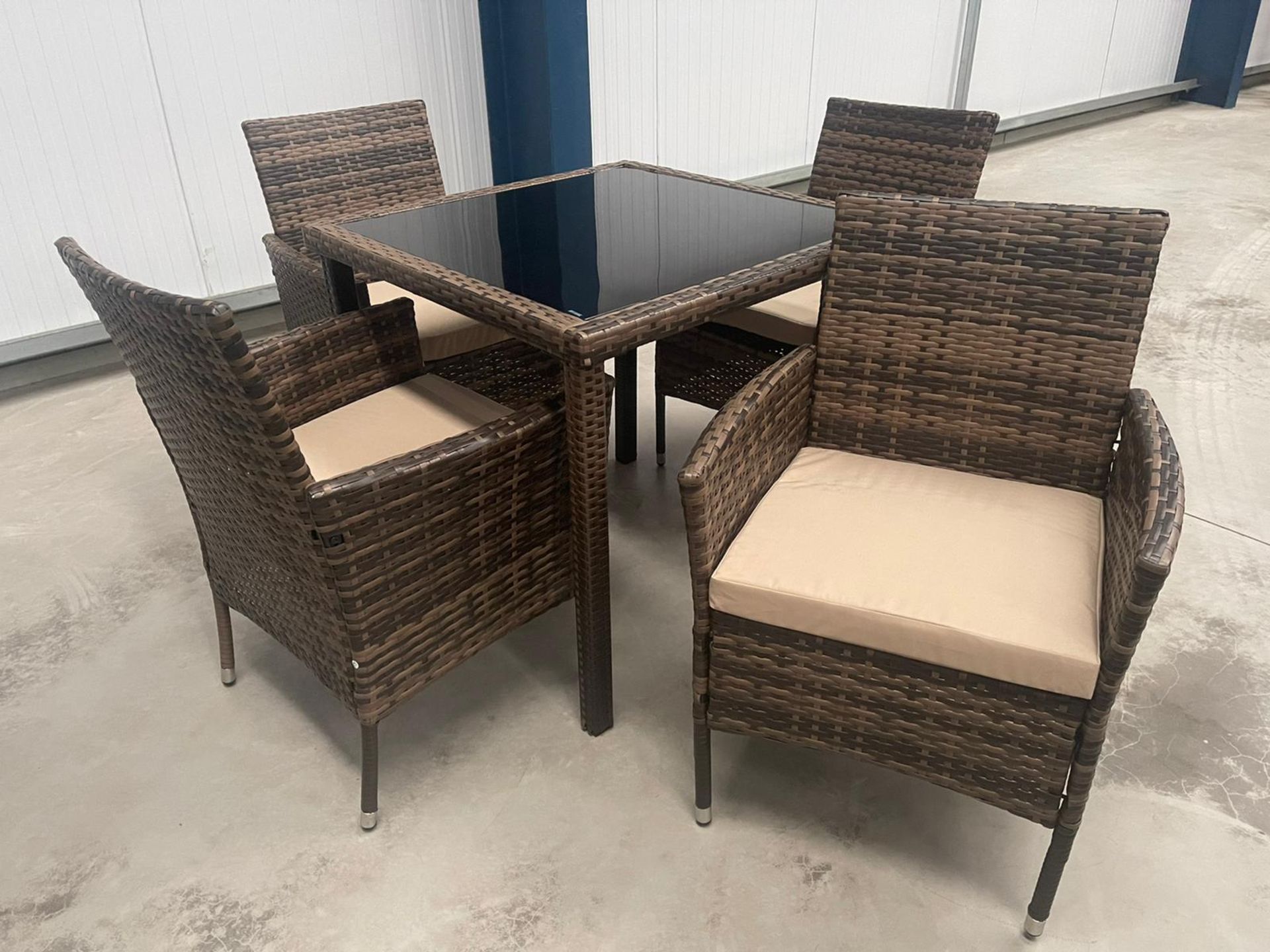 RRP Â£749 - NEW BROWN DINING SET WITH FOUR CHAIRS - LUXURY BLACK GLASS TOPPED DINING TABLE AND METAL - Image 3 of 5