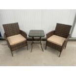 RRP Â£229 - NEW BROWN BISTRO SET WITH TALL TABLE. TABLE 46 X 46 X 62CM, CHAIR 51 X 60 X 83XM
