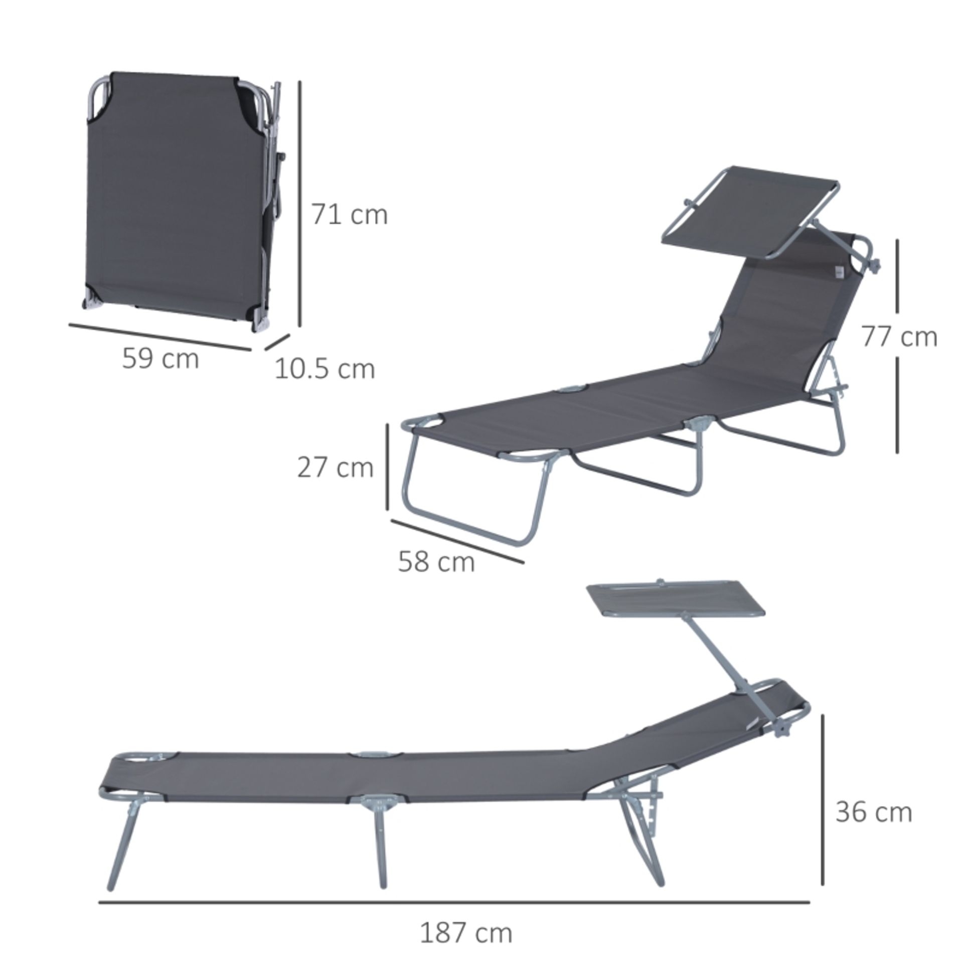 RPP £54.99 -Outsunny Reclining Chair Sun Lounger Folding Lounger Seat with Sun Shade Awning Beach - Image 3 of 4