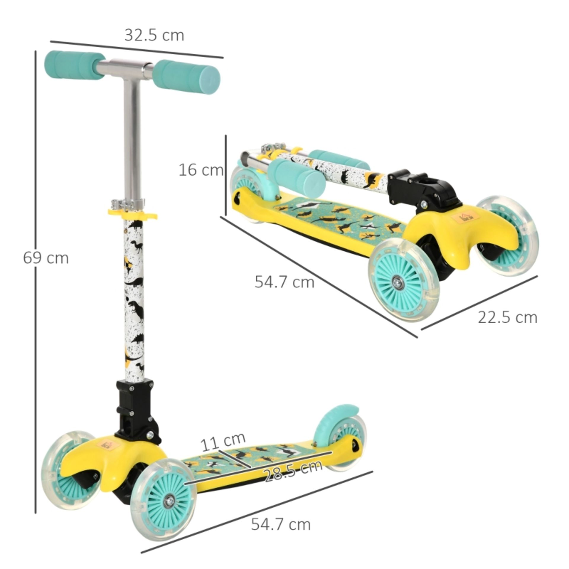 RPP £39.99 -HOMCOM Foldable Scooter for Kids with 3 Wheel Adjustable Height Flashing Wheels - Image 3 of 4