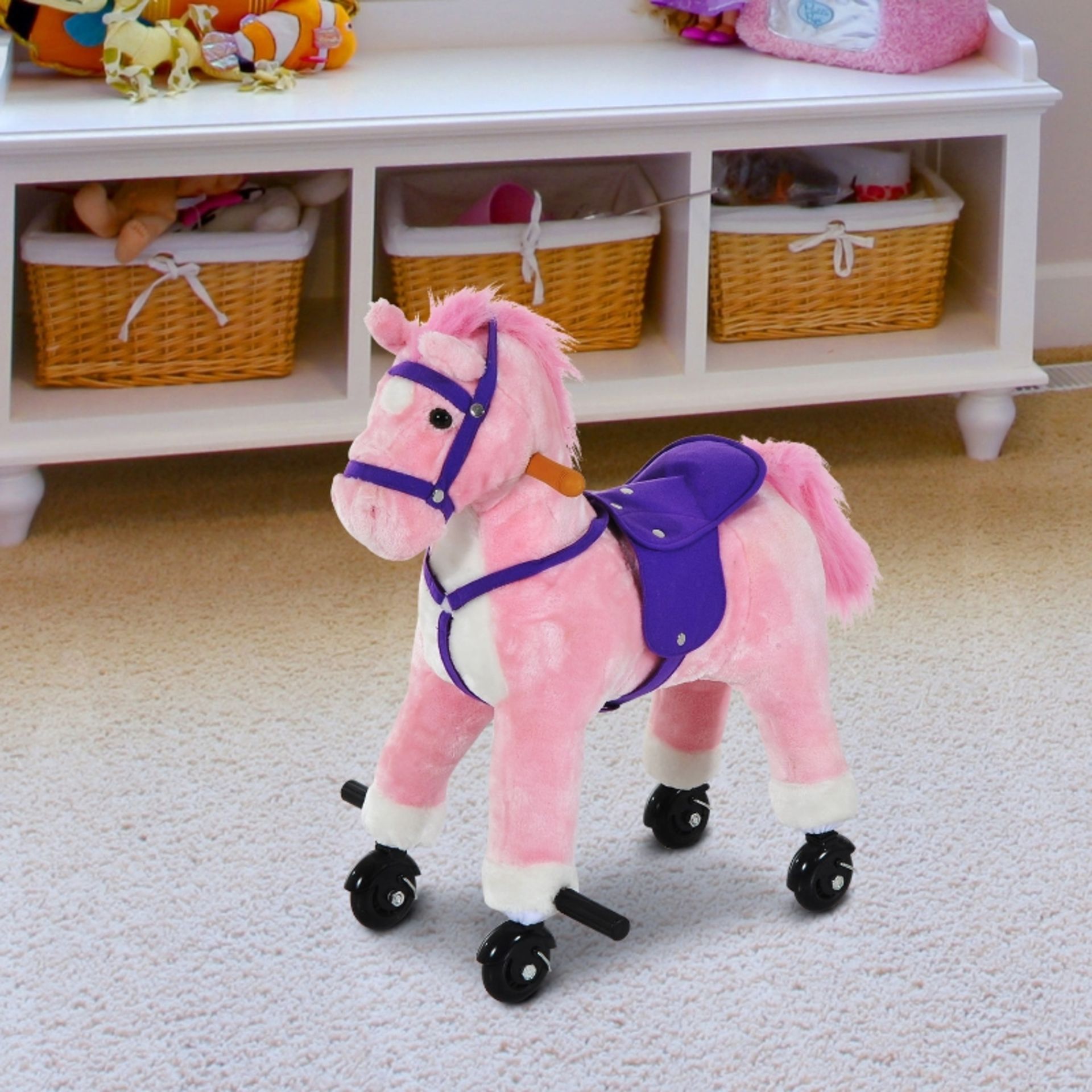 RPP £72.99 -HOMCOM Wooden Action Pony Wheeled Walking Horse Riding Little Baby Plush Toy Wooden