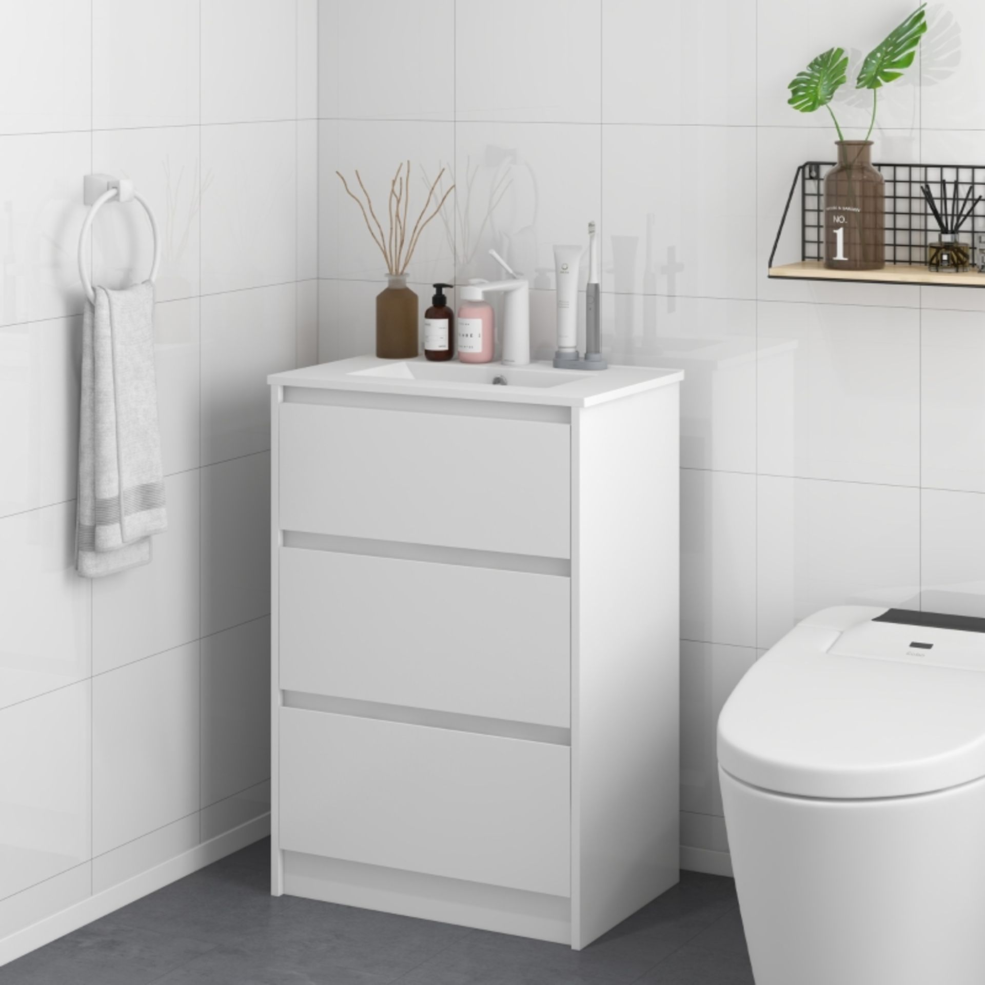 RPP £169.99 -kleankin 600mm Bathroom Vanity Unit with Basin and Single Tap Hole, High Gloss White - Image 2 of 4