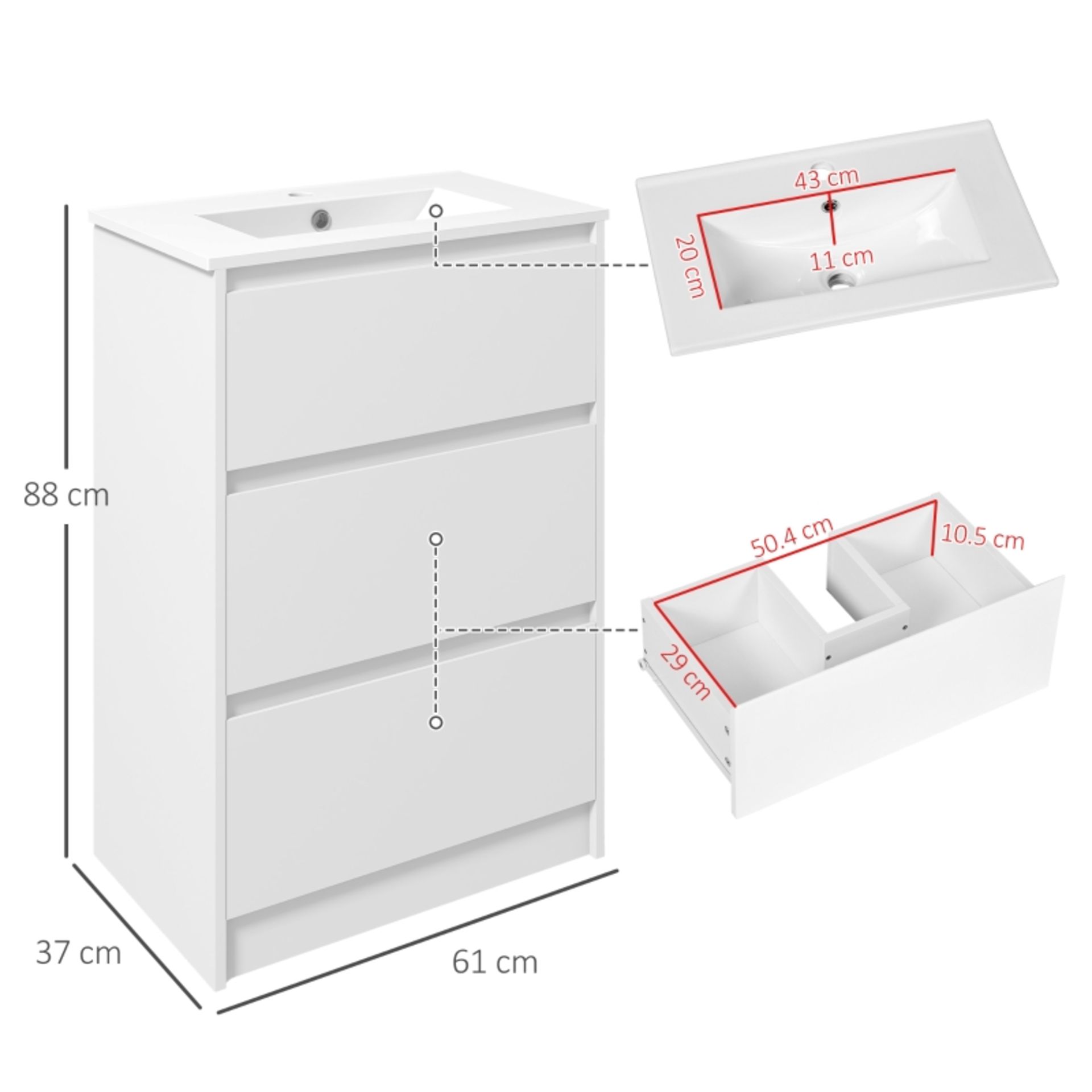 RPP £169.99 -kleankin 600mm Bathroom Vanity Unit with Basin and Single Tap Hole, High Gloss White - Image 3 of 4