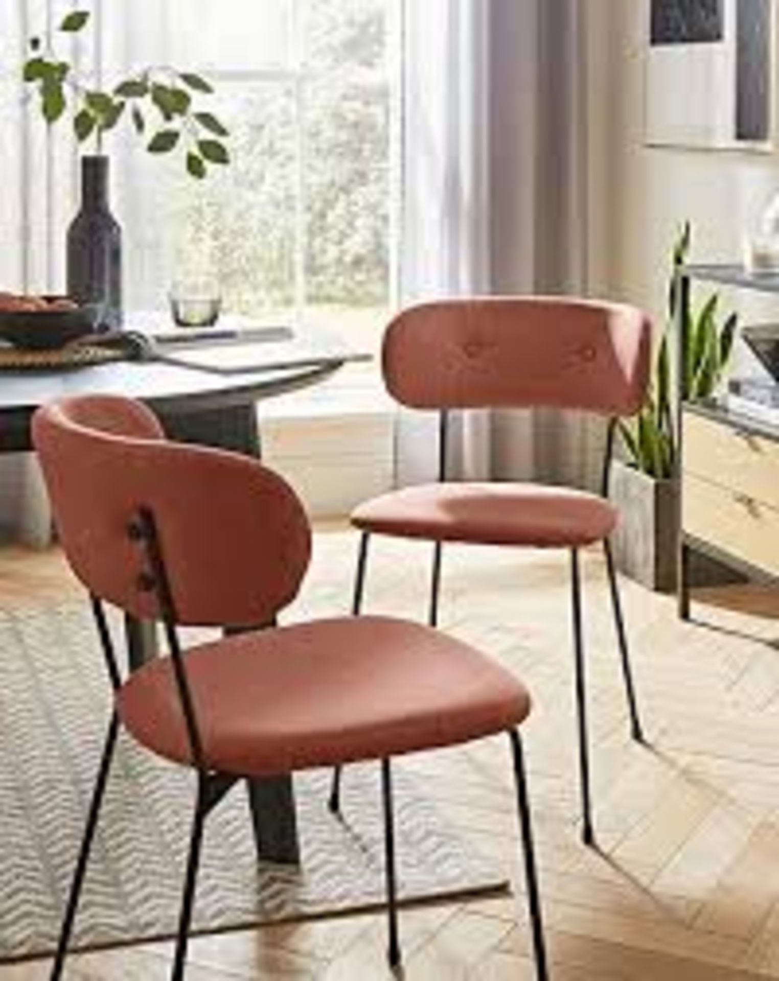 RRP £179 - A STUNNING PAIR OF ANAIS CHAIRS -BLUSH SEATS AND METAL LEGS - BOX SIZE 56X48X51.5CM