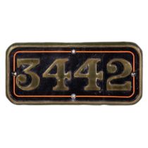 GWR Brass Cabside Numberplate 3442 ex BULLFINCH 4-4-0