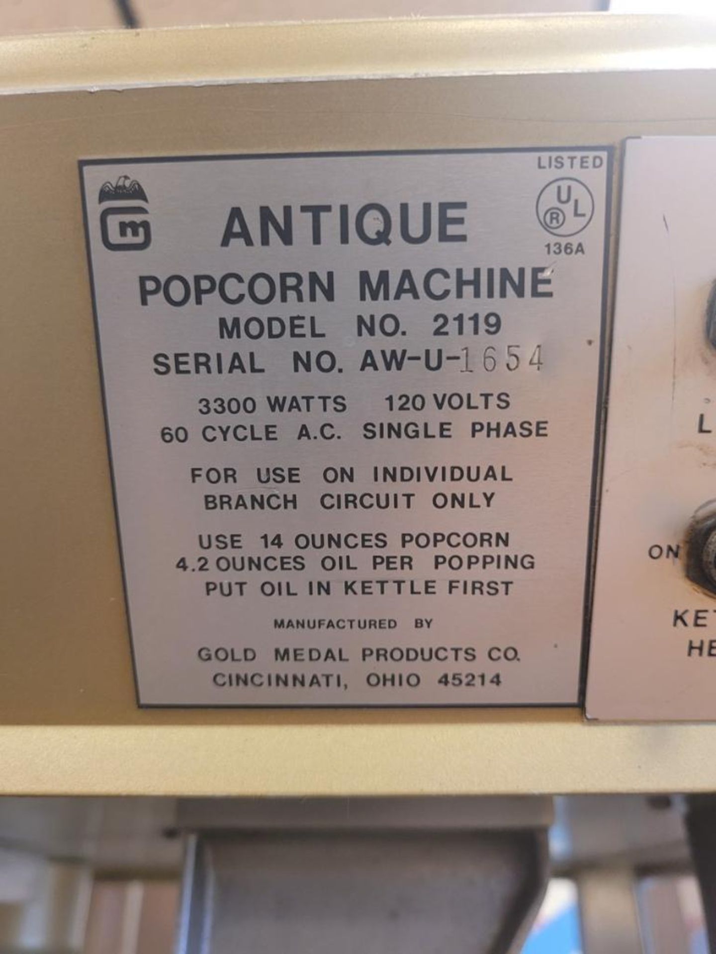 Gold Metal Model 2119 Antique Popcorn Machine - Image 4 of 4