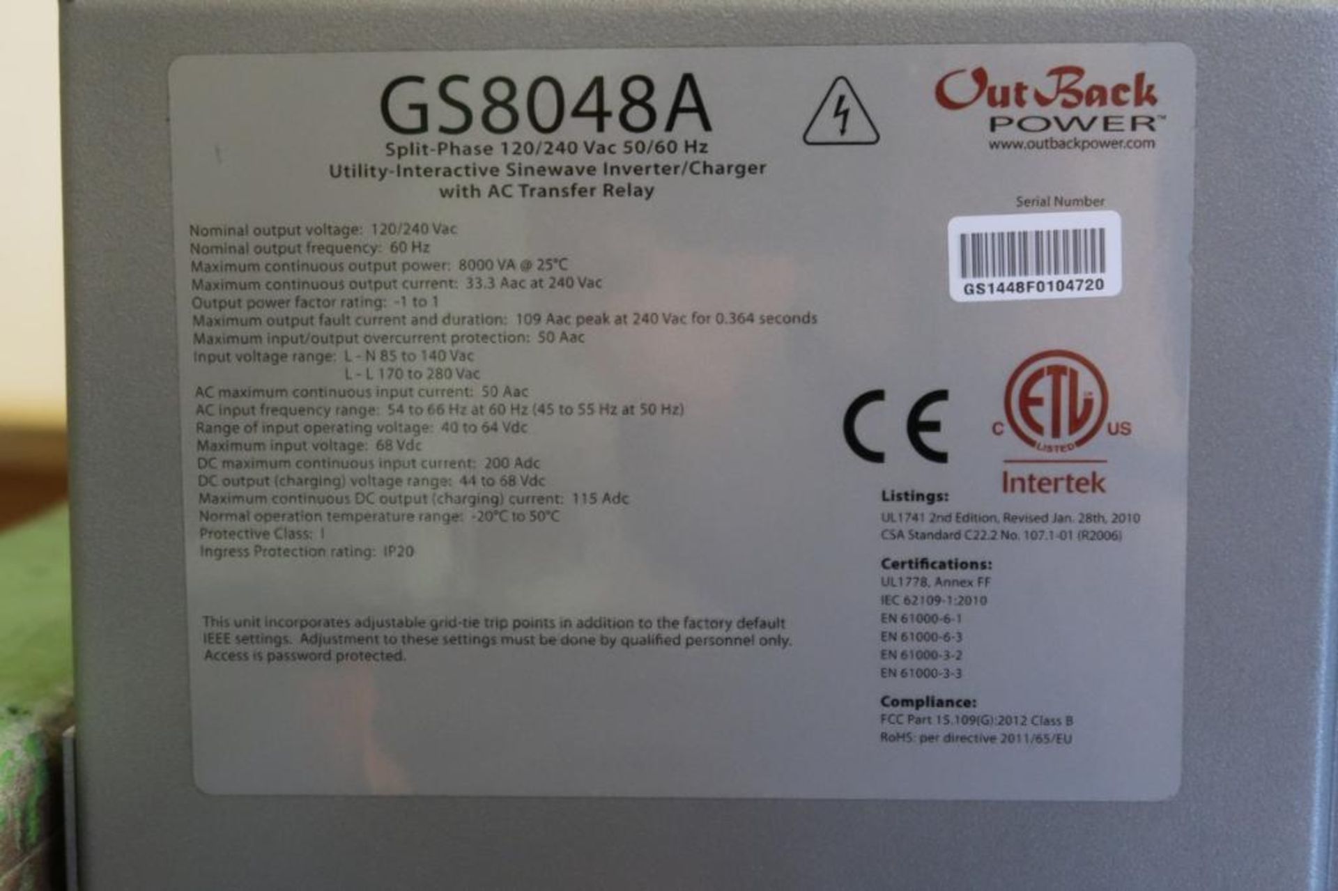 Outback Power Model GS8048A Split-Phase 120/240 VAC 50/60 Hz Utility-Interactive Sinewave Inverter/C - Image 7 of 8