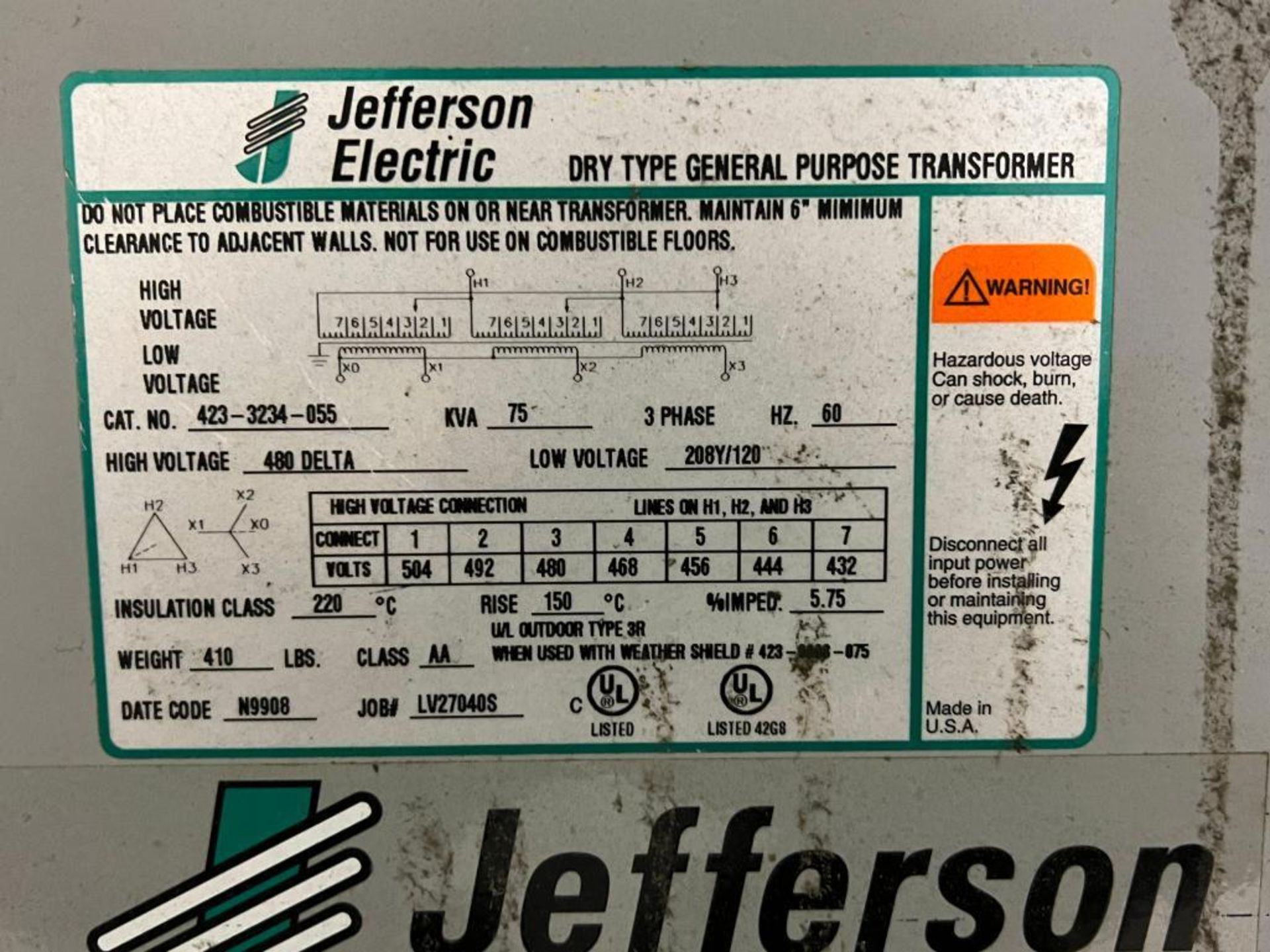 Jefferson Electric, Model 423-3234-055 Class AA Dry Type General Purpose Transformer - Image 3 of 3