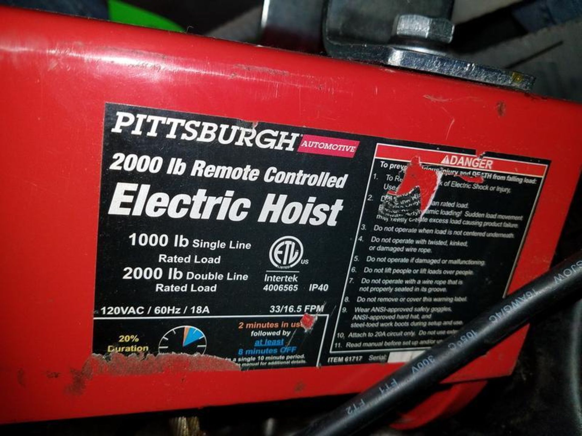 Pittsburgh Automotive 2000# Electric Cable Hoist w/Pendant Control - Image 6 of 6