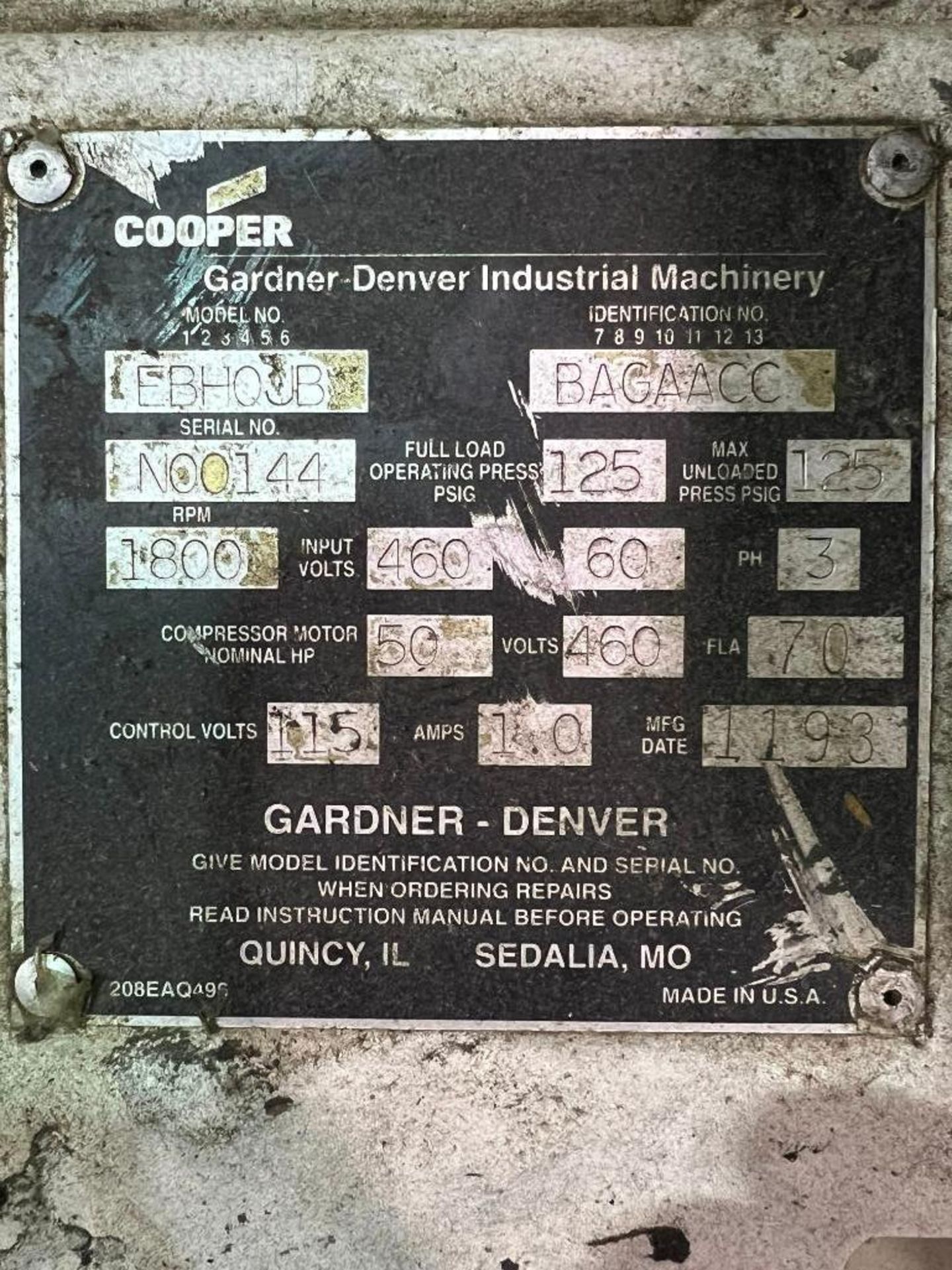1993, Gardner-Denver Model Ebhqjb Air Compressor - Image 5 of 5