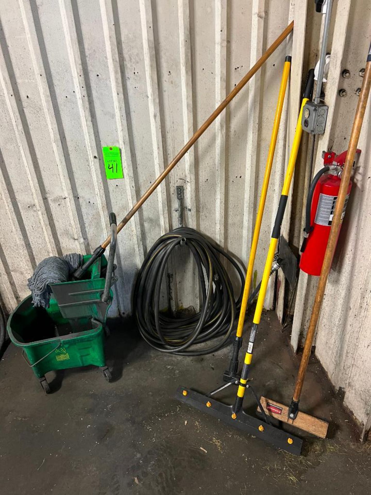 Lot of Hose, Mop, Bucket And Brooms