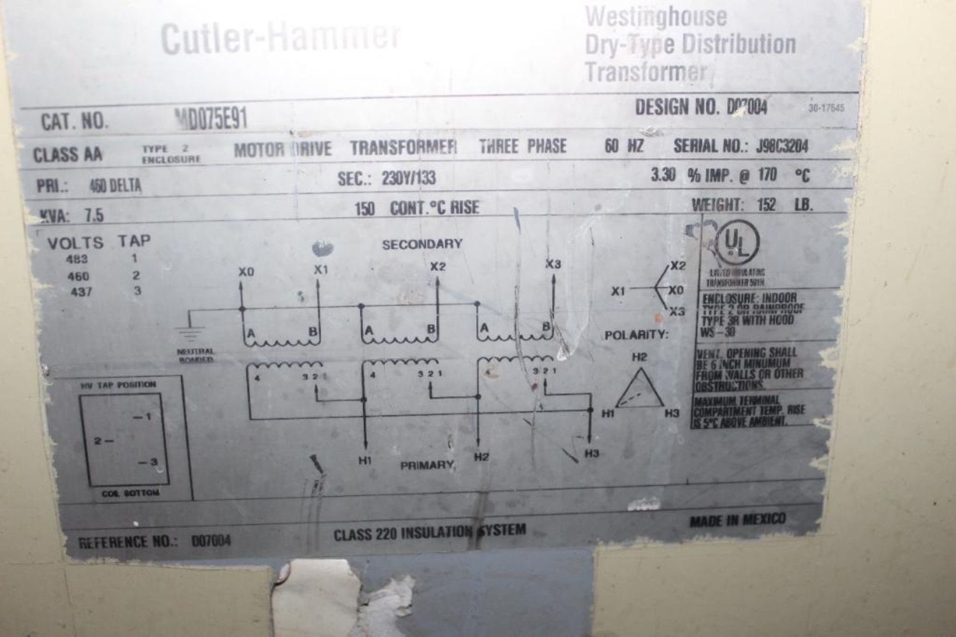 Cutler Hammer Dry-Type Class AA Type 2 Distribution Transformer 7.5KVA - Image 5 of 5