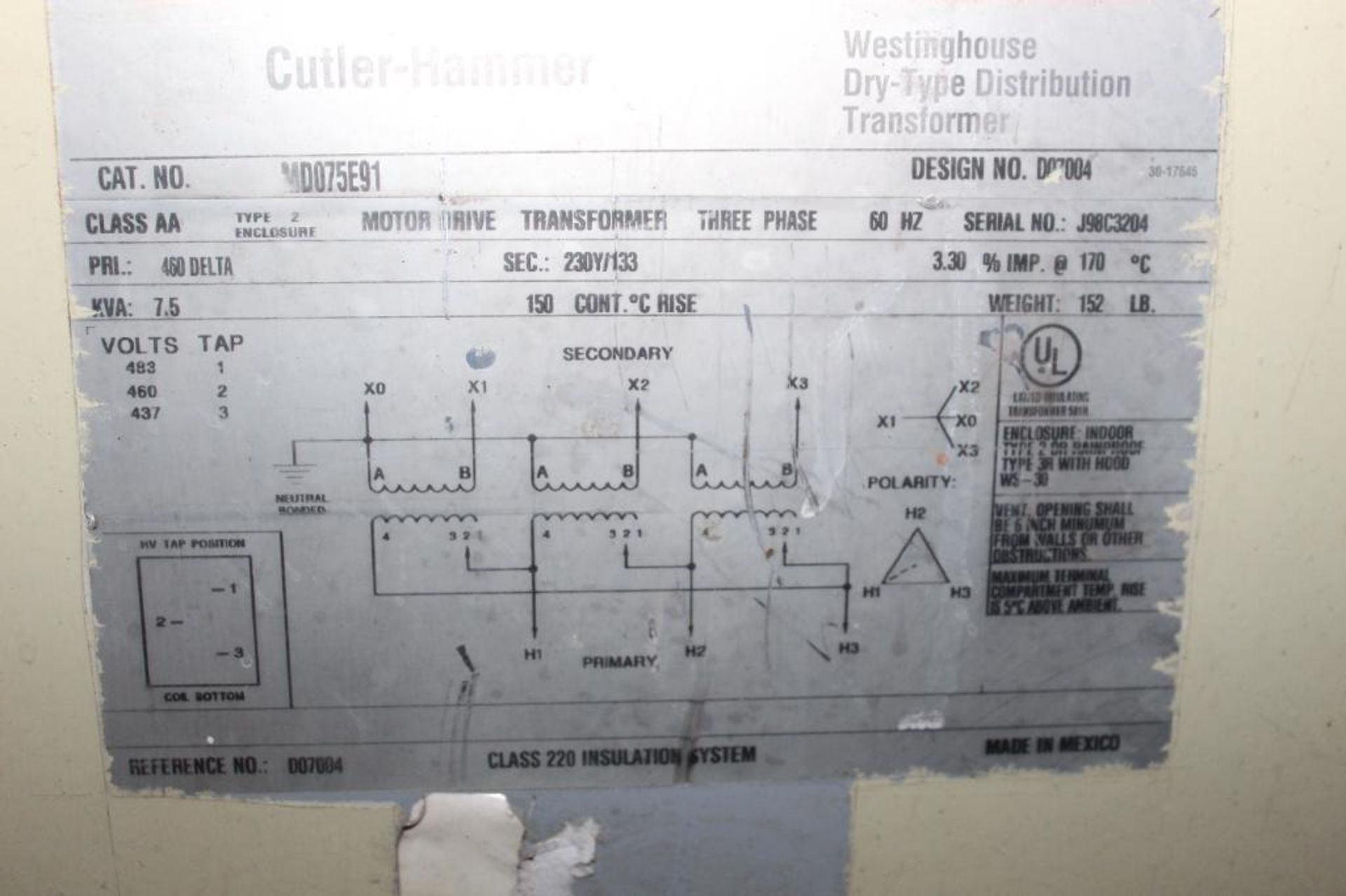 Cutler Hammer Dry-Type Class AA Type 2 Distribution Transformer 7.5KVA - Image 2 of 5