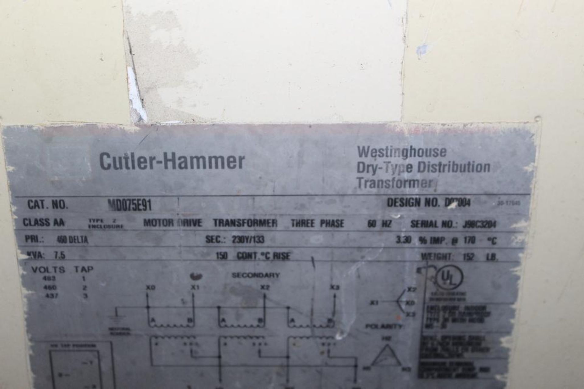 Cutler Hammer Dry-Type Class AA Type 2 Distribution Transformer 7.5KVA - Image 4 of 5