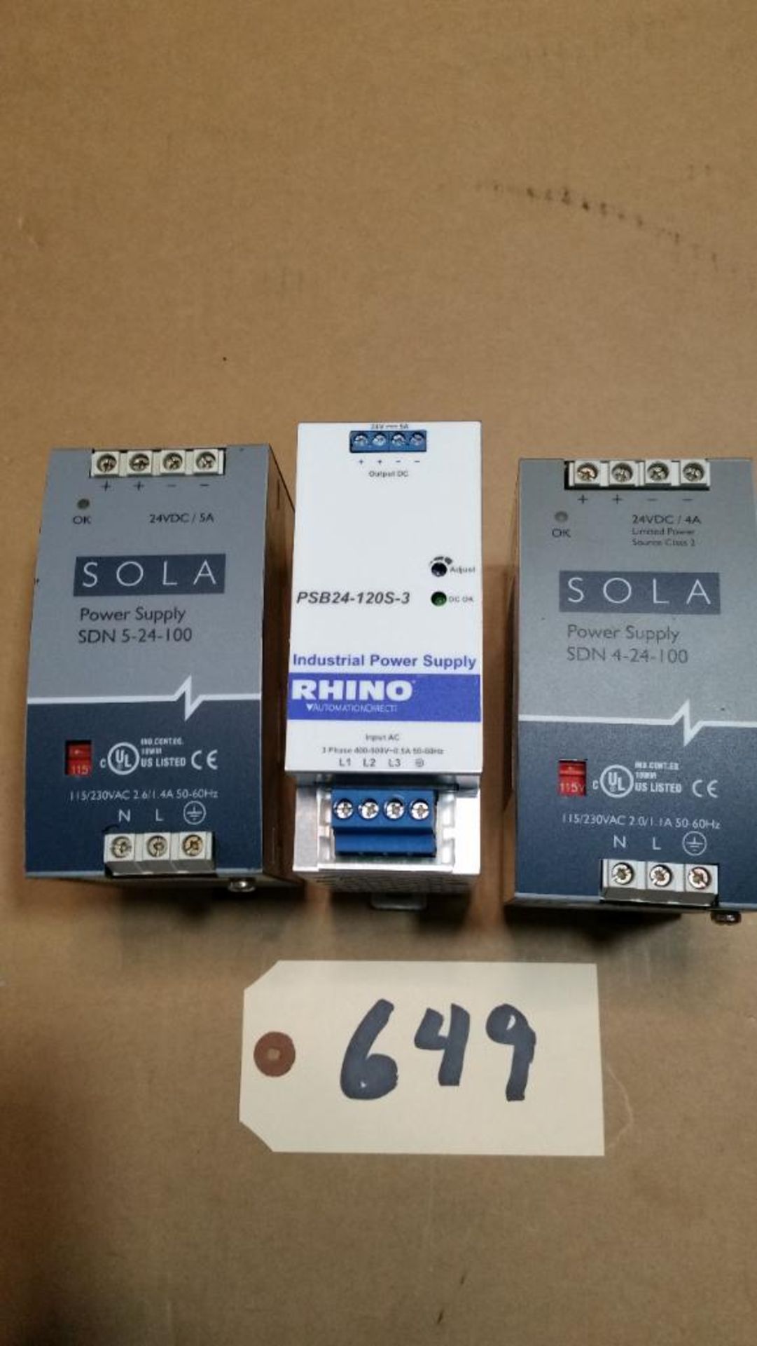 SOLA / RHINO POWER SUPPLIES 2 @ SDN-5-24-100 , 1 @ PSB24-120S-3