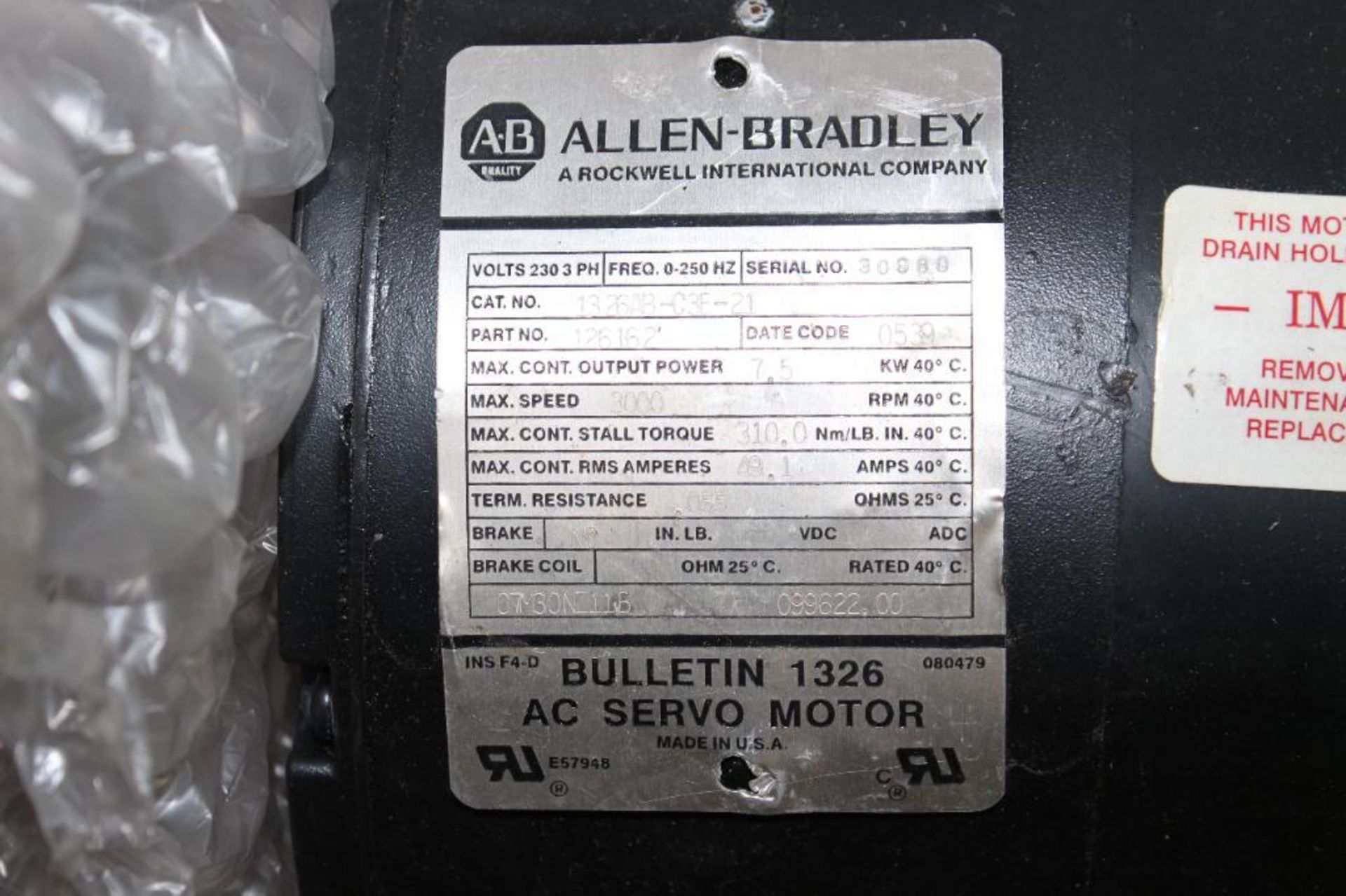 Allen Bradley AC Servo Motor Bulletin 1326 - Image 2 of 4