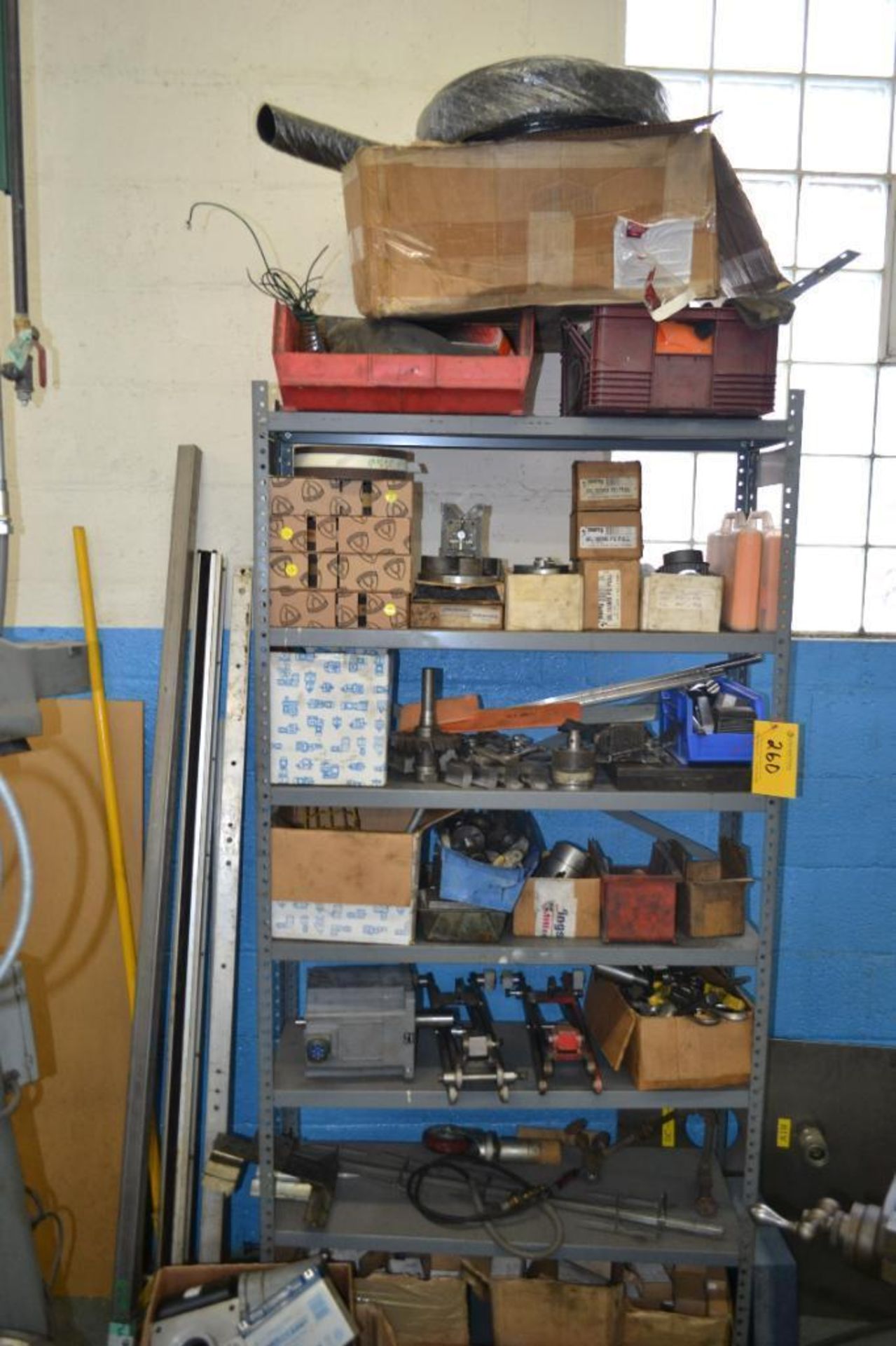 Lot (1) Section Steel Shelving w/Contents, Tooling Abrasives, Small Parts, Pans & Boxes on Floor - Image 2 of 4