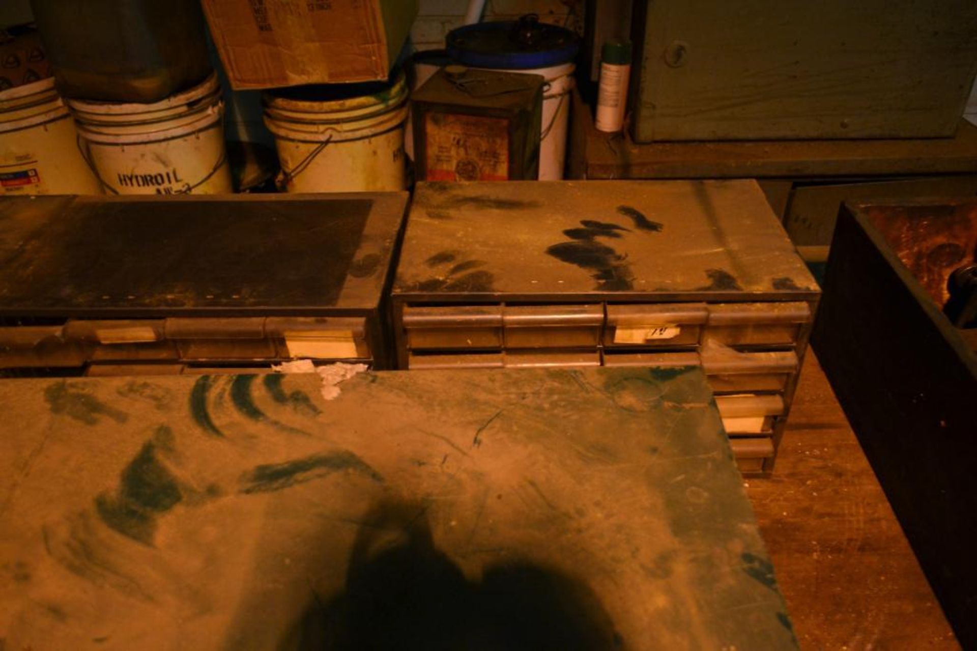 Wood Top Steel Leg Table with (7) Small Part Cabinets and Assorted Machine Accessories - Image 4 of 6