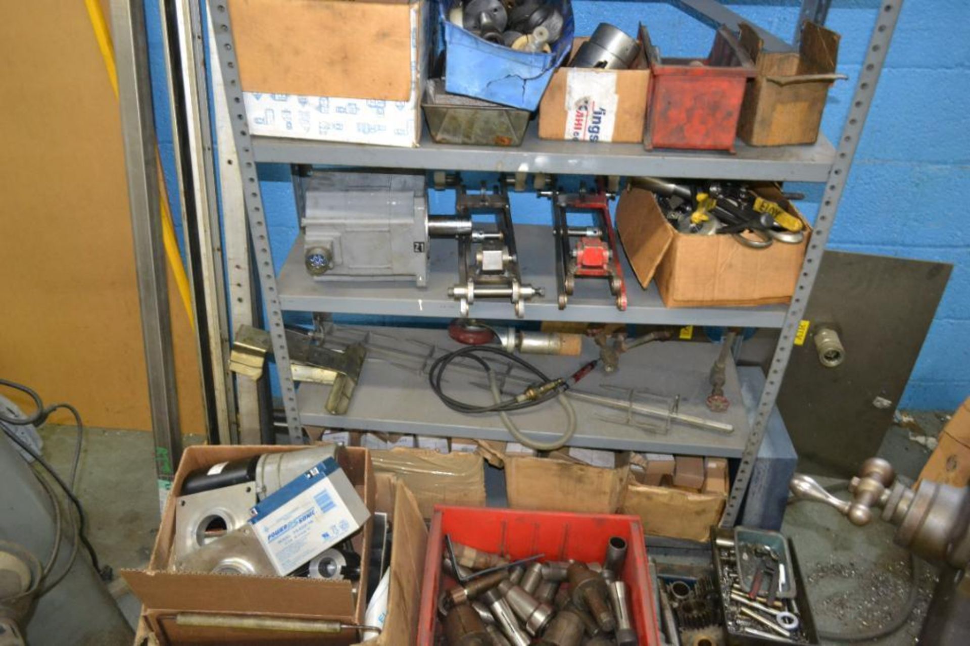 Lot (1) Section Steel Shelving w/Contents, Tooling Abrasives, Small Parts, Pans & Boxes on Floor