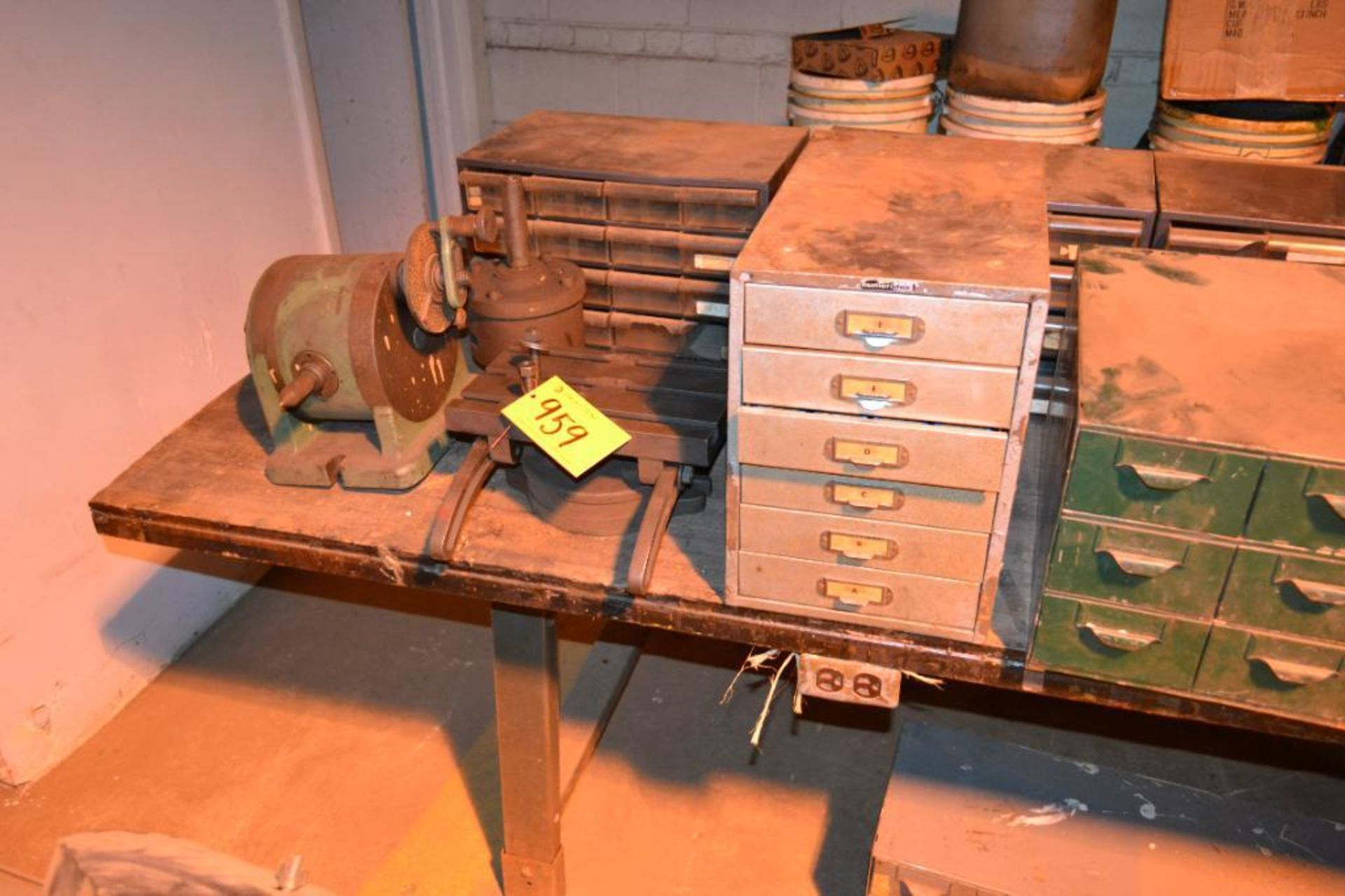 Wood Top Steel Leg Table with (7) Small Part Cabinets and Assorted Machine Accessories