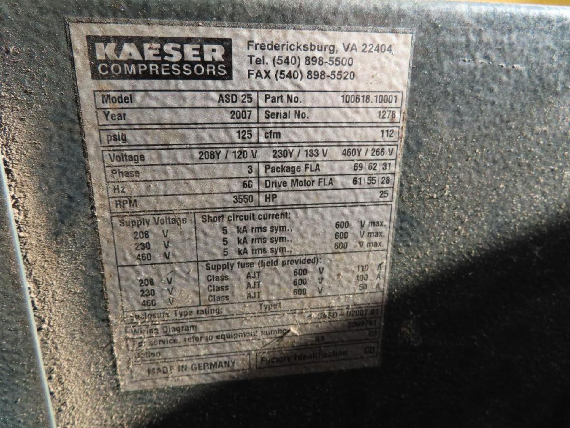 Kaeser Mdl.ASD25, 25HP Screw Type Air Compressor - Image 3 of 4